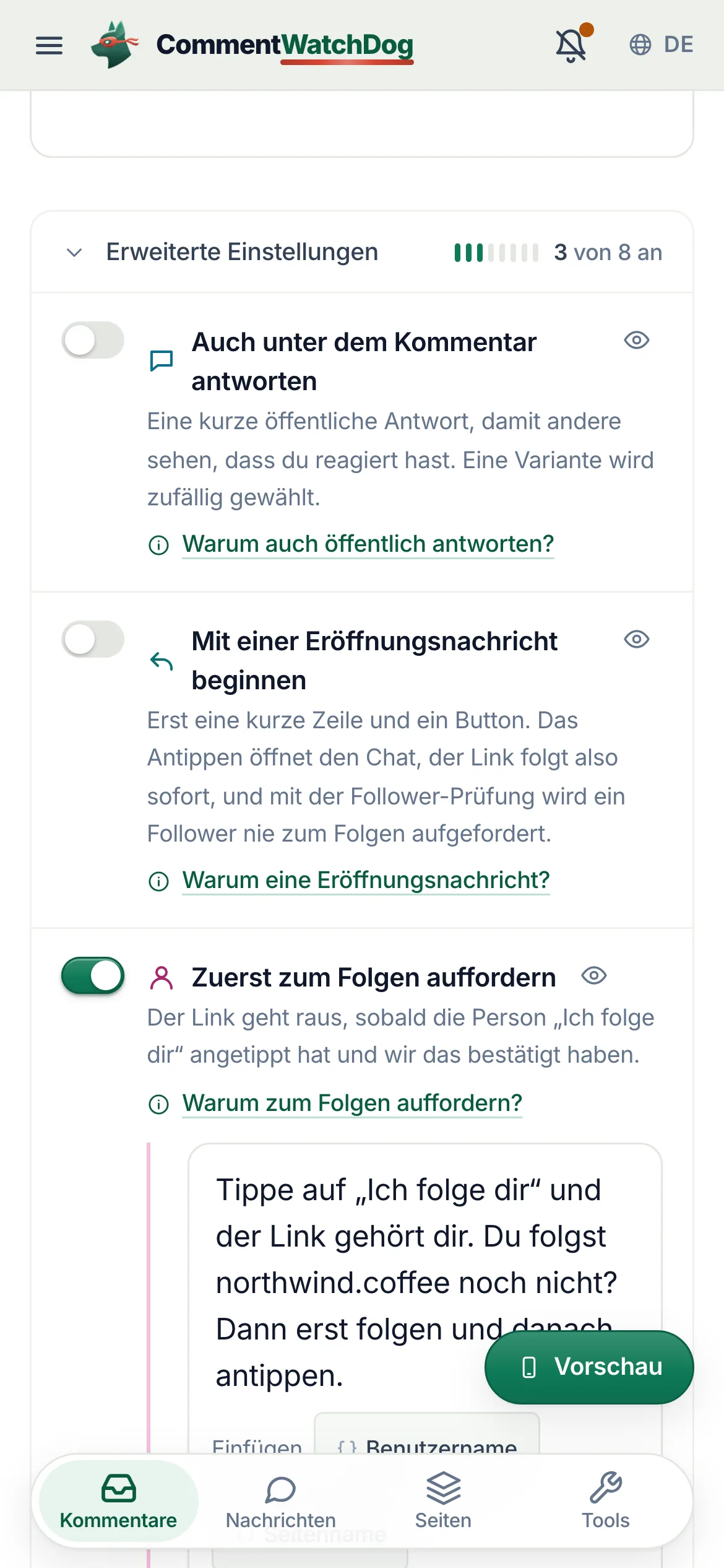 „Erweiterte Einstellungen“ auf dem Handy.