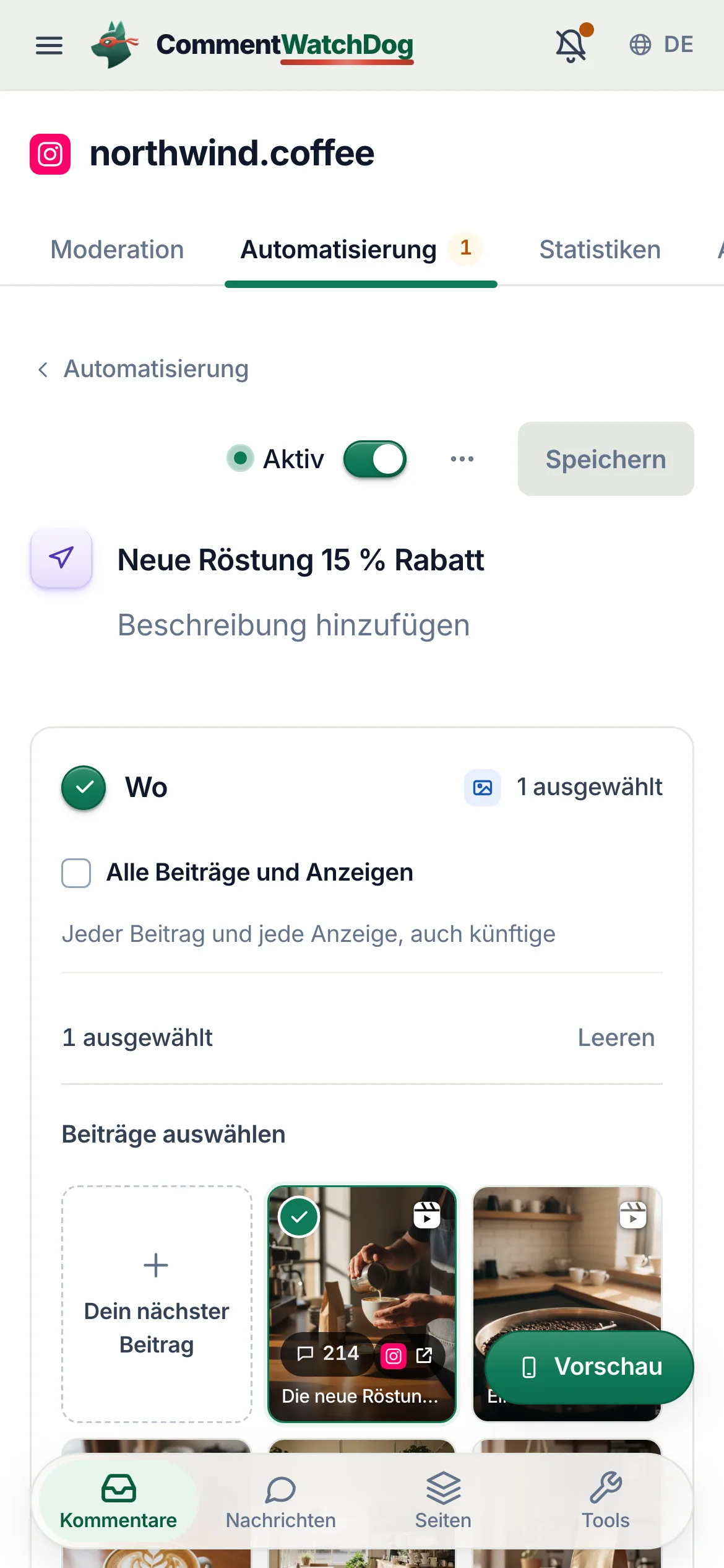 „Speichern“ und der Schalter „Aktiv“, auf dem Handy über dem Namen.