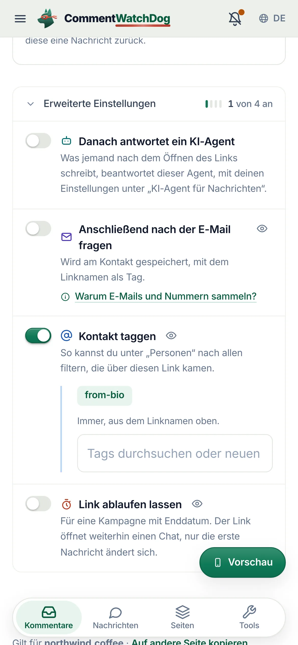 „Erweiterte Einstellungen“ auf dem Handy.