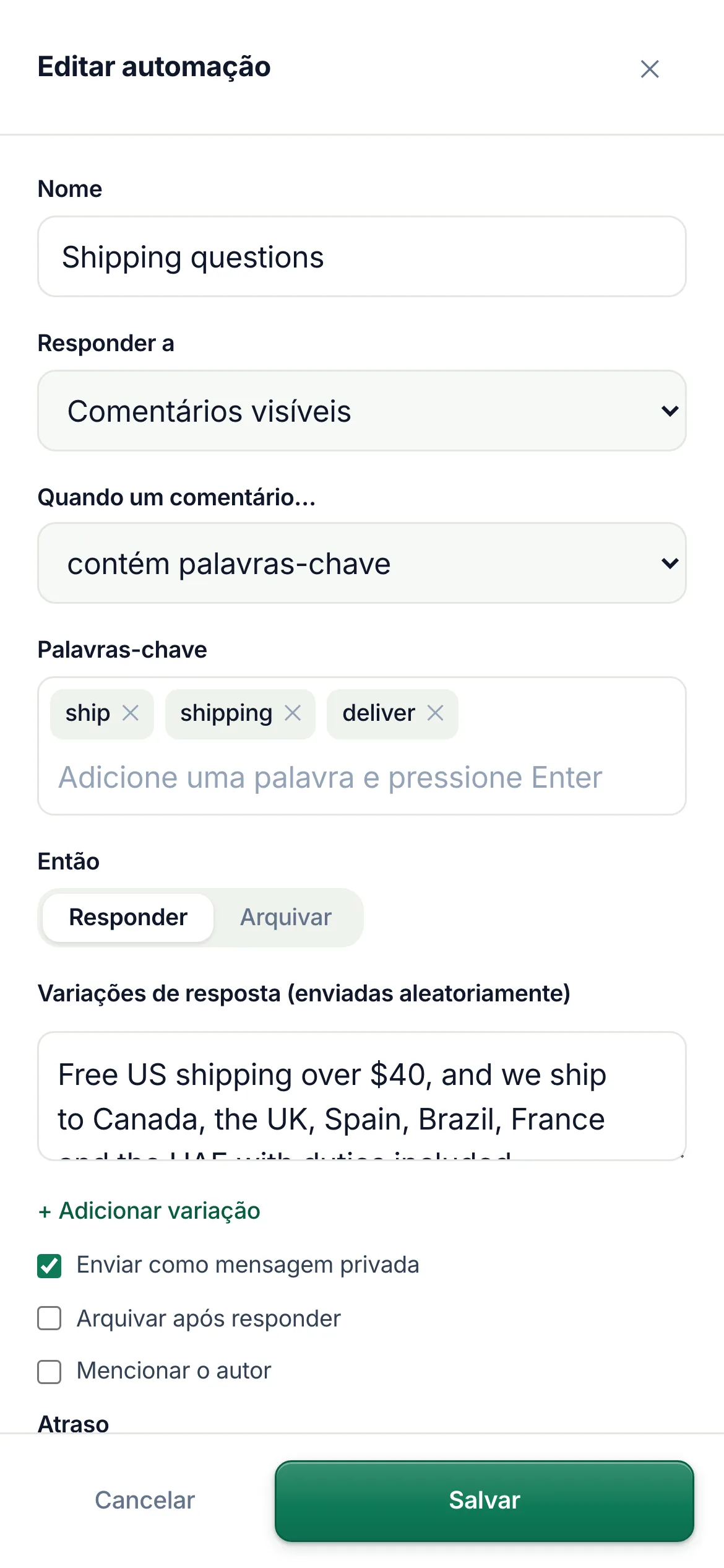 O editor de automação: gatilho, palavras-chave, variações de resposta, mensagem privada, atraso e escopo.