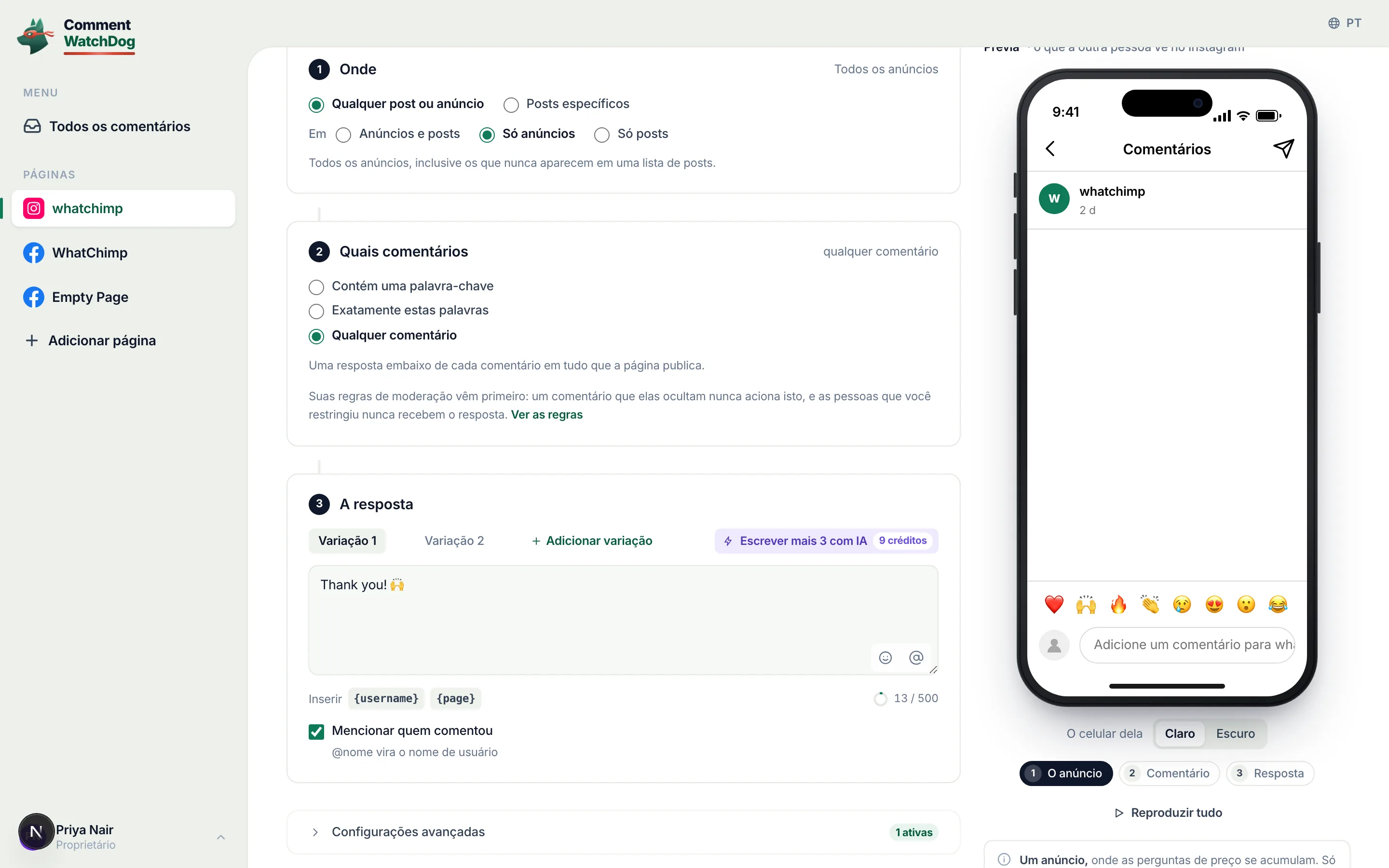 A resposta, suas variações, o interruptor de menção.