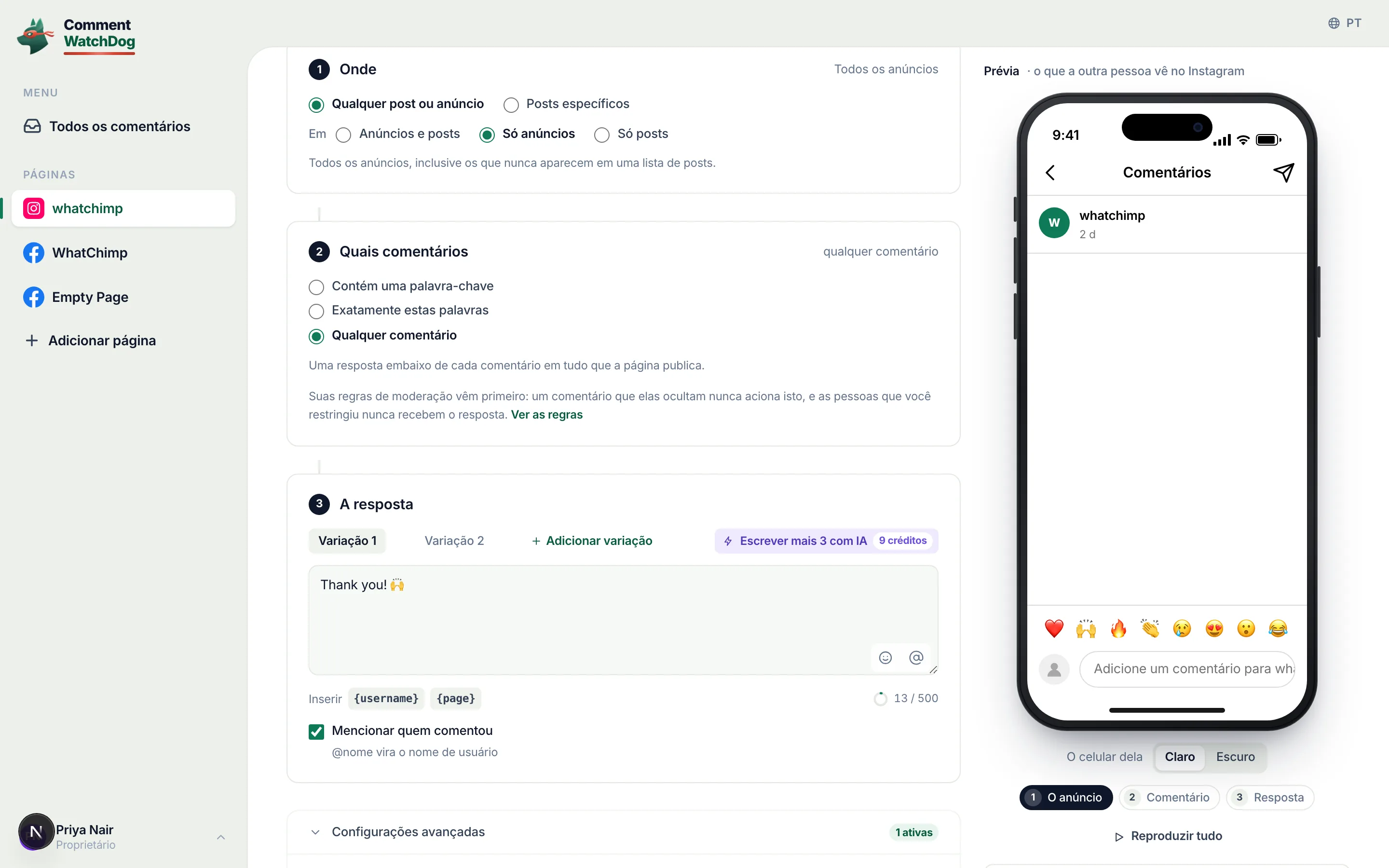 Os blocos sob Configurações avançadas.