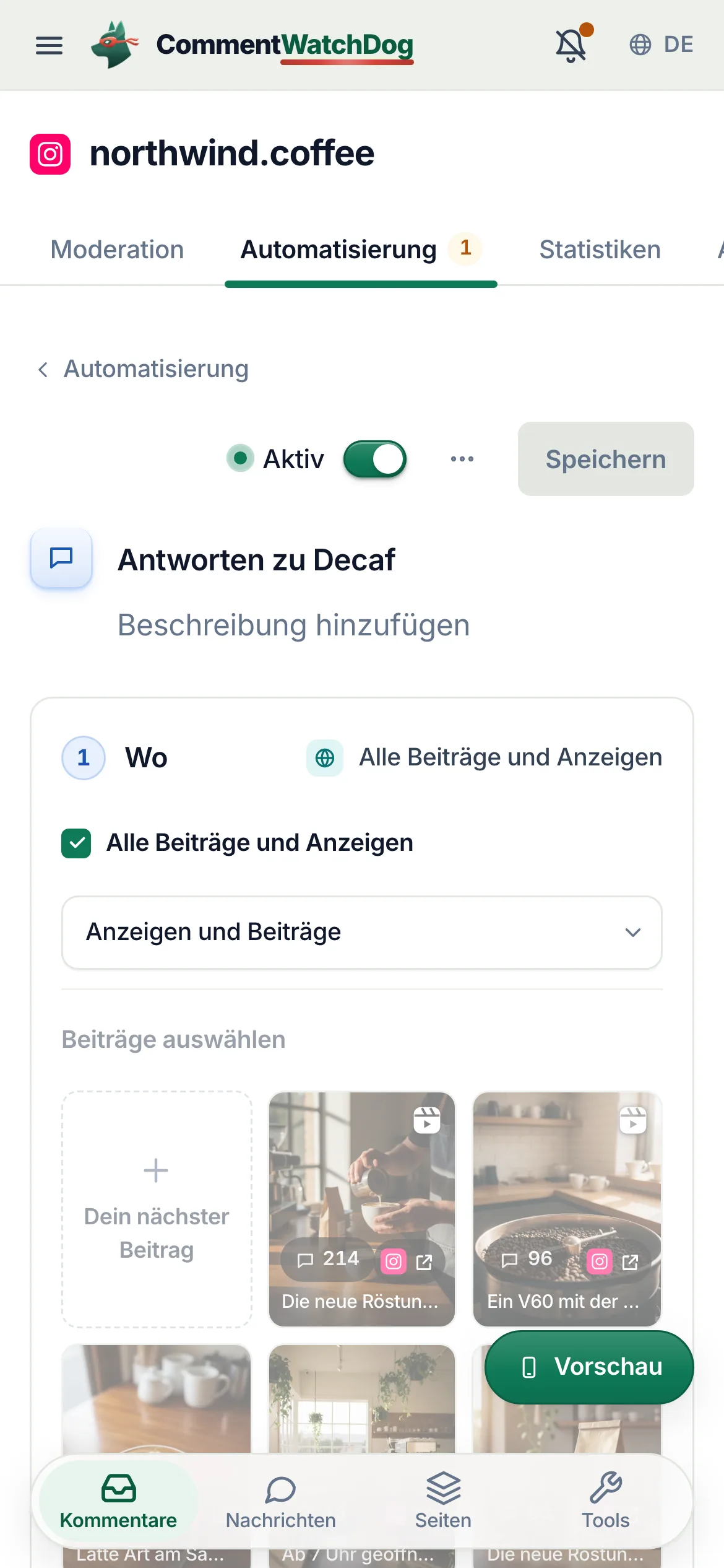 „Wo“ auf dem Handy: „Alle Beiträge und Anzeigen“ ist angehakt, darunter „Anzeigen und Beiträge“.