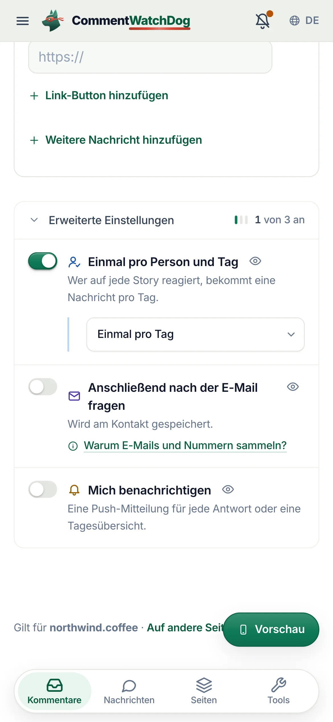 „Erweiterte Einstellungen“ auf dem Handy.