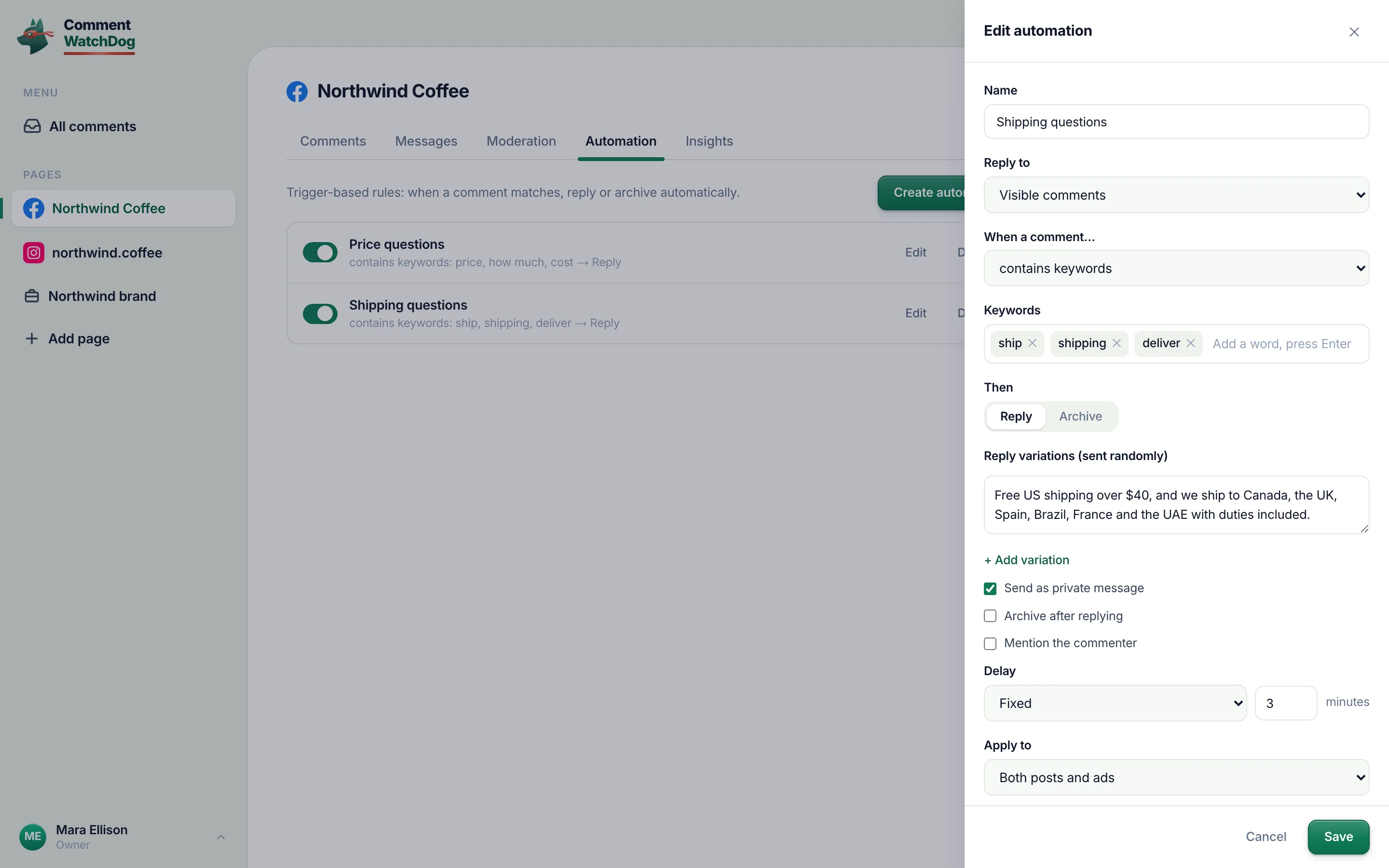 The automation editor: trigger, keywords, reply variations, private message, delay and scope.