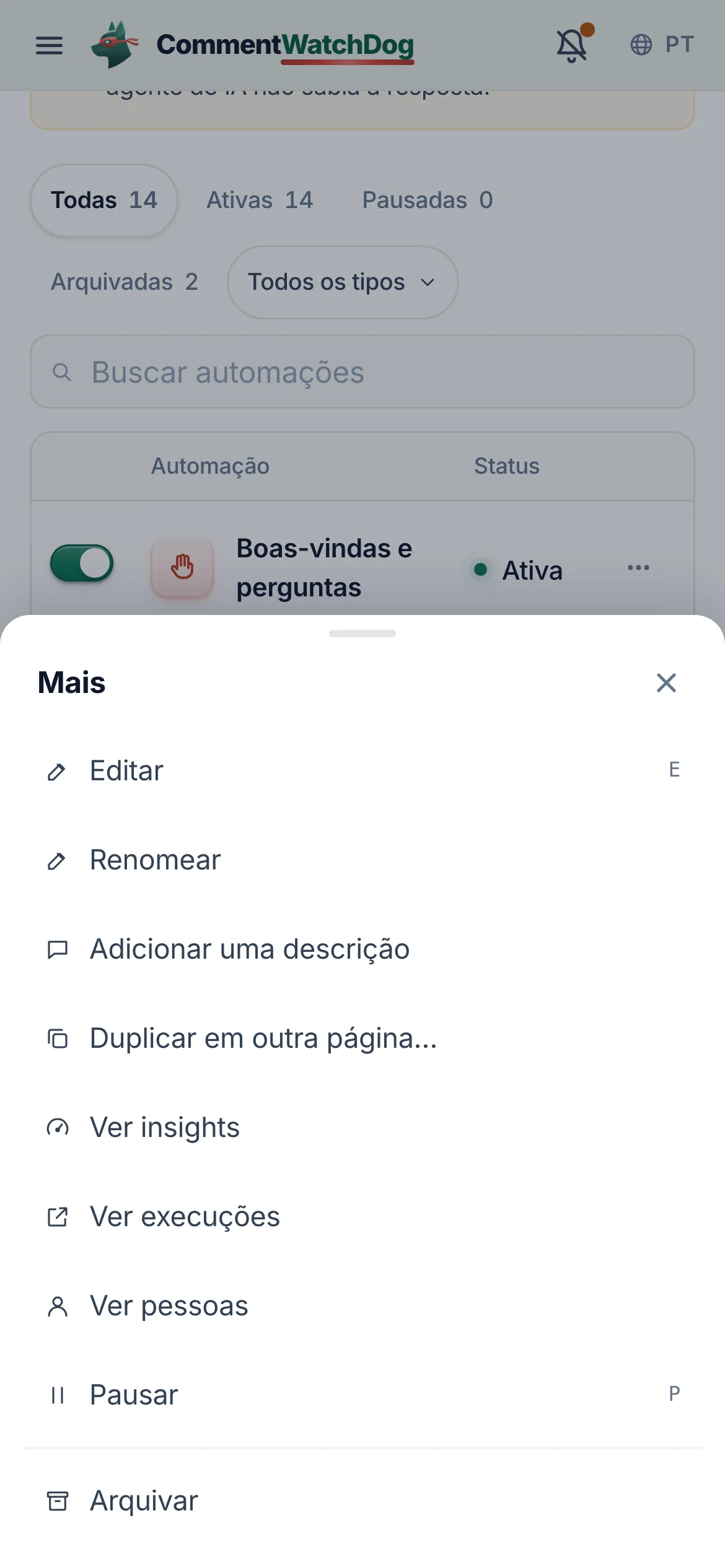 Ver execuções no celular.