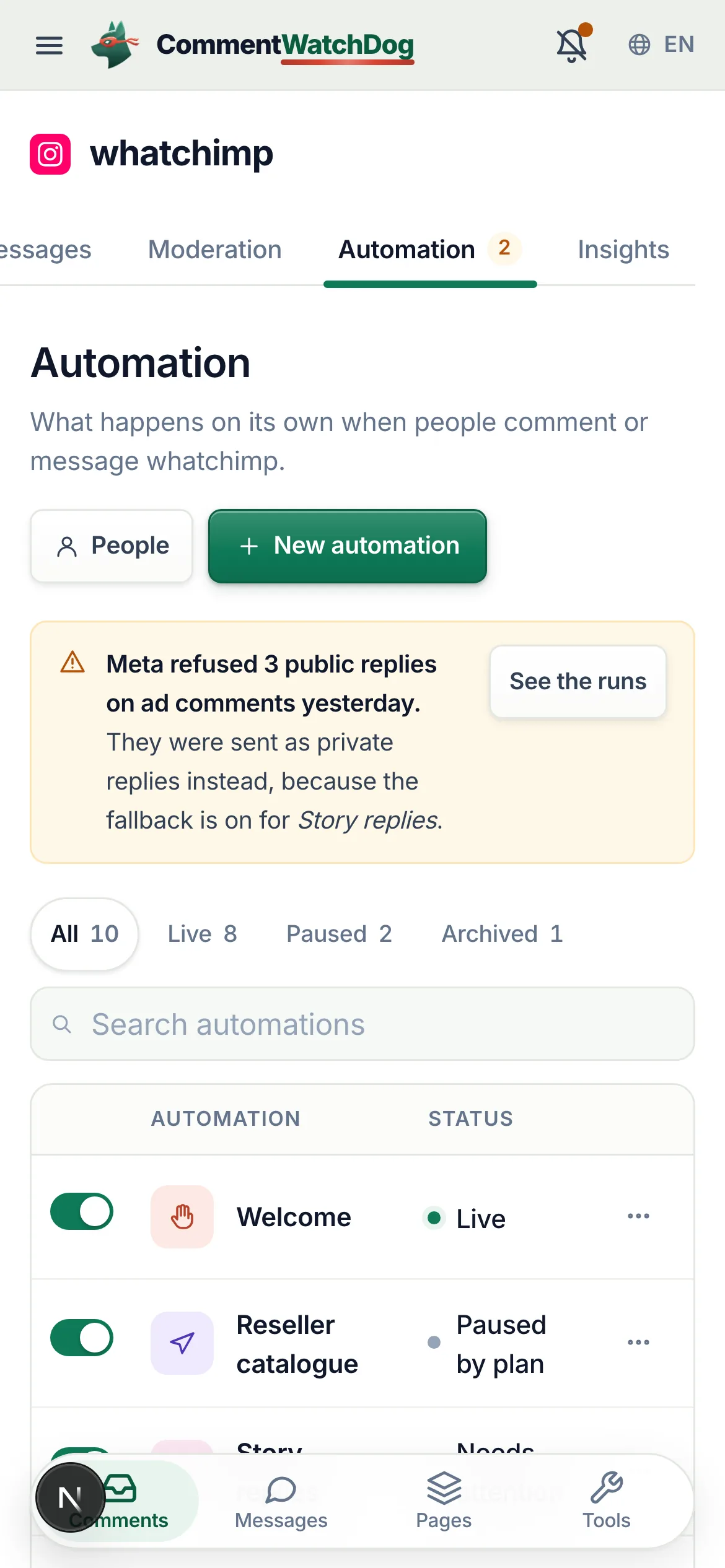 On a phone the list keeps the switch, the name and the status.