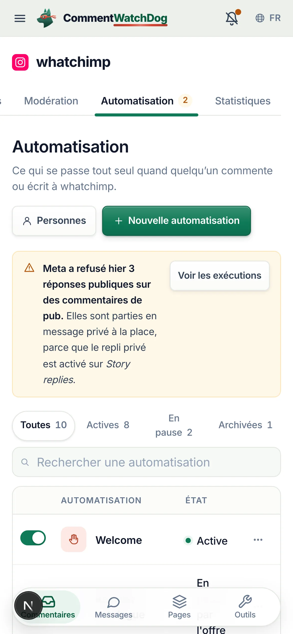 Sur un téléphone, la liste conserve le commutateur, le nom et le statut.