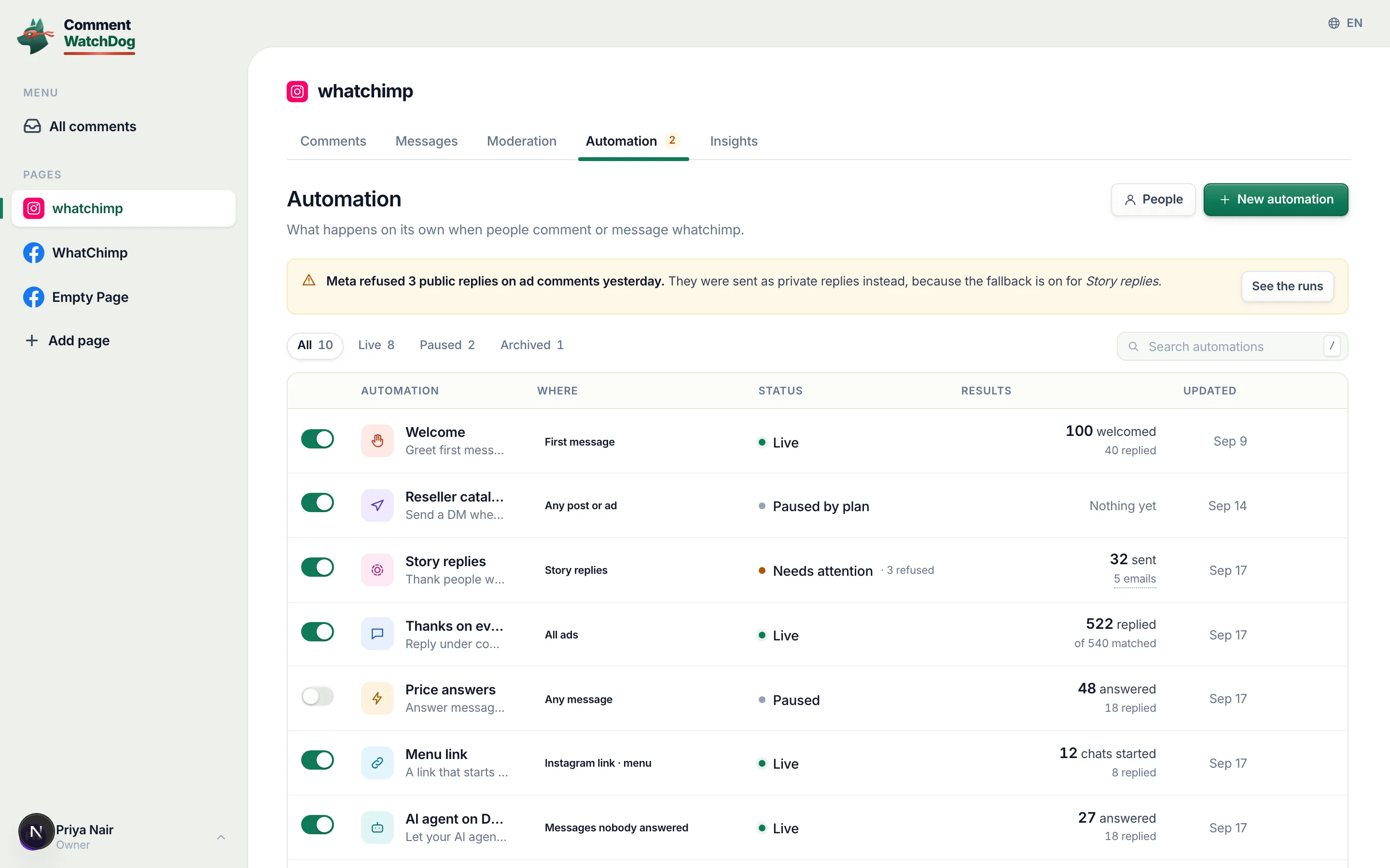 The Automation tab: one row per automation, the switch, the status and the results.