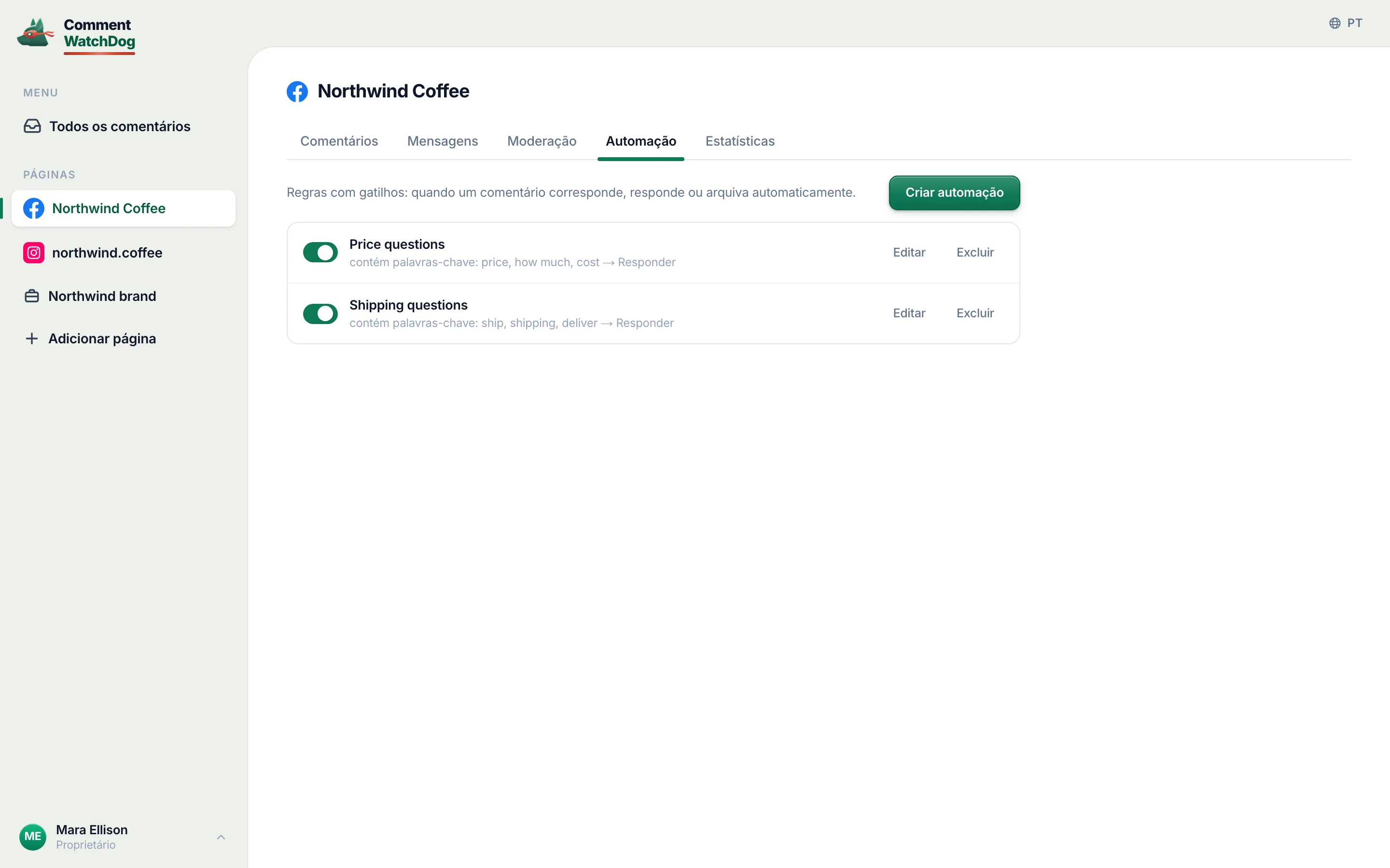 A lista de automações da página do Facebook.