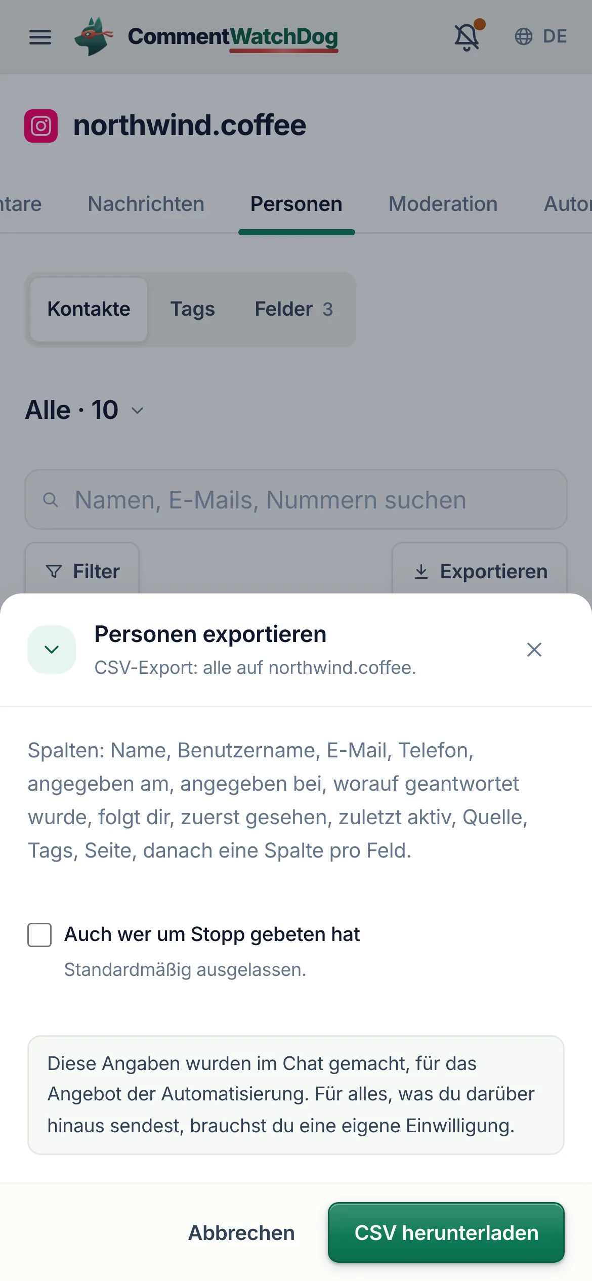 „CSV herunterladen“ auf dem Handy.
