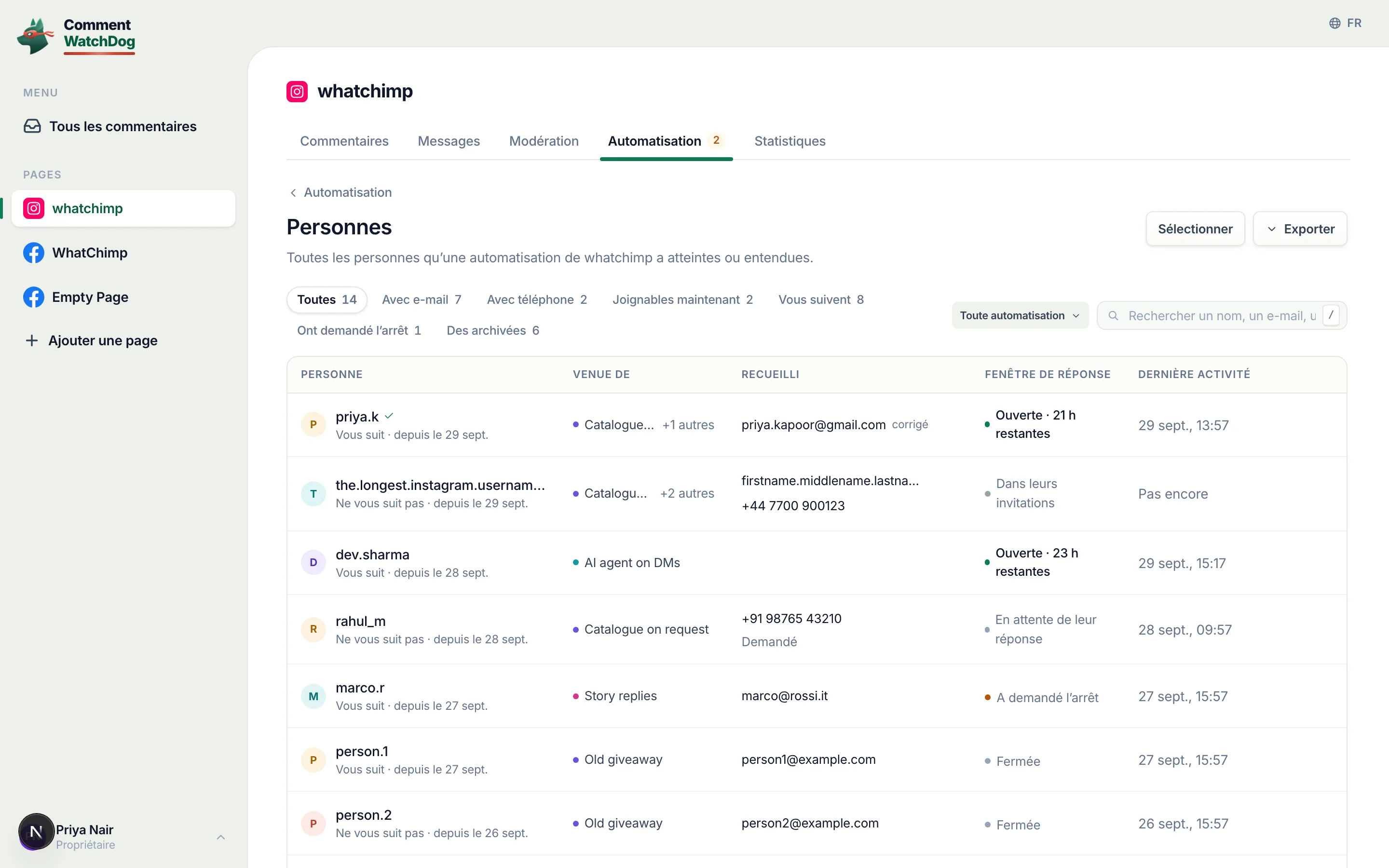 Personnes : ce qu'ils ont donné, la fenêtre de réponse, dernière activité.