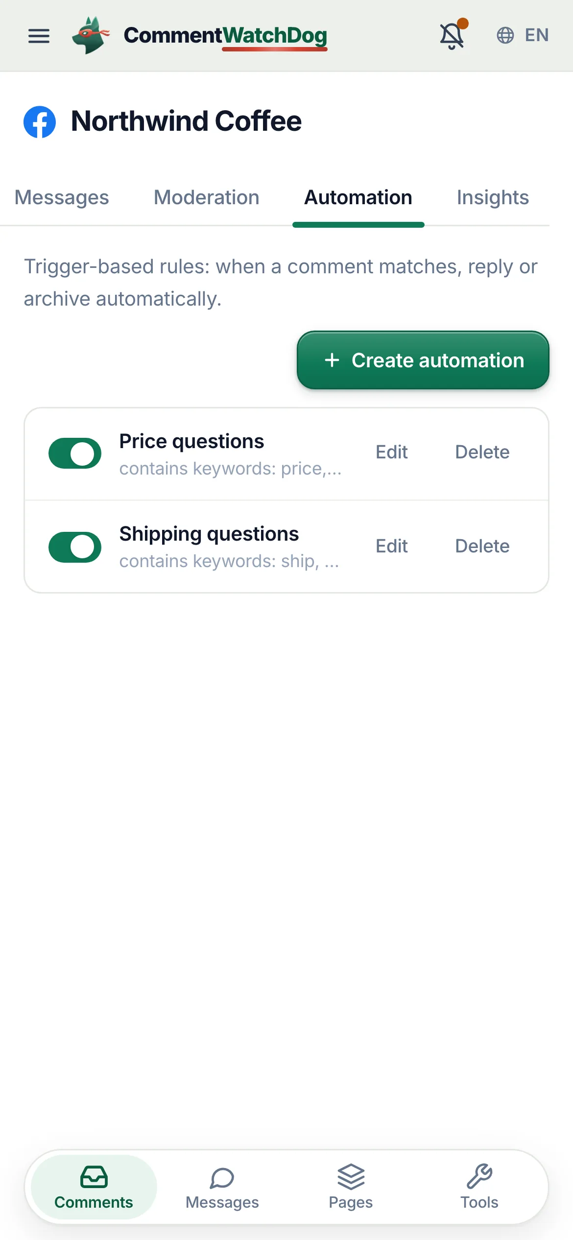 The automations list on a phone.