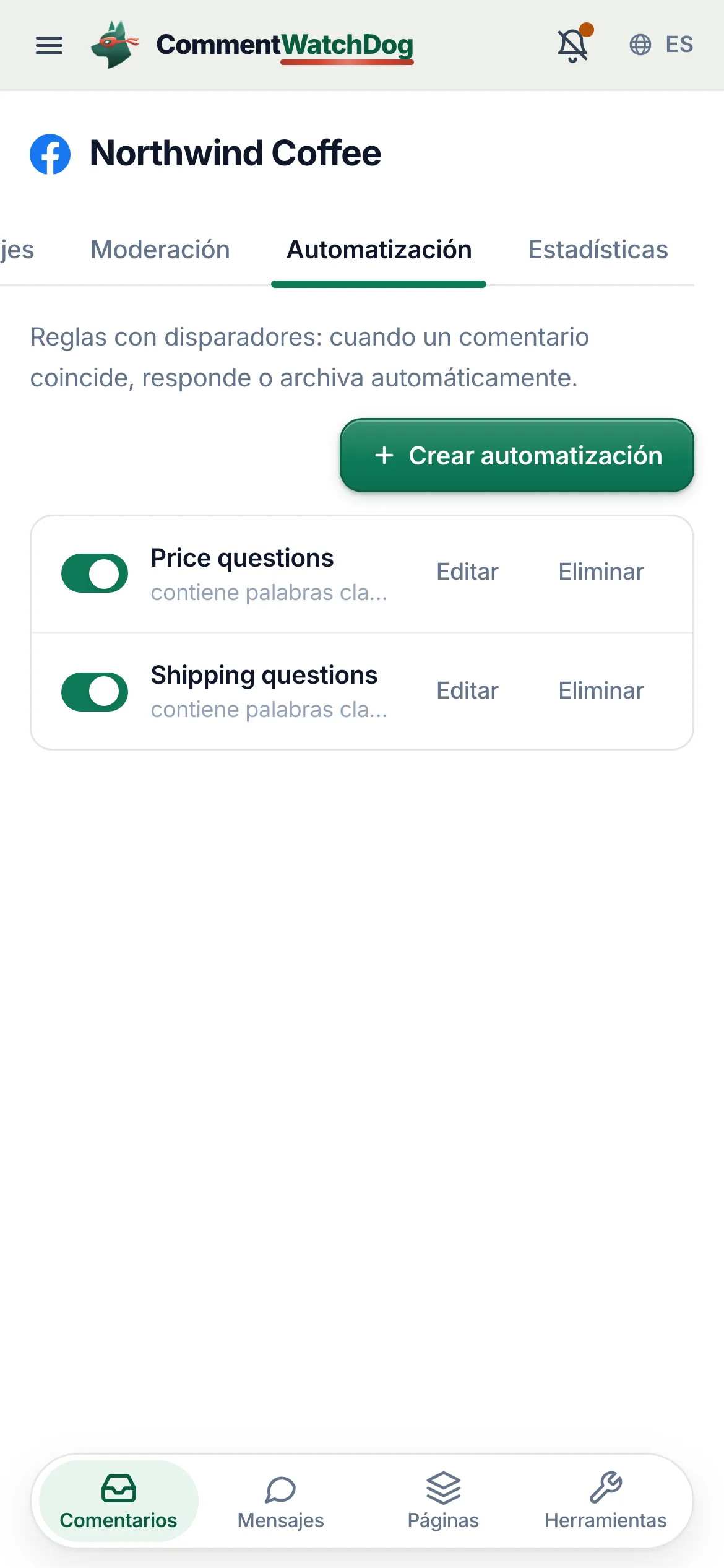 La lista de automatizaciones en un teléfono.