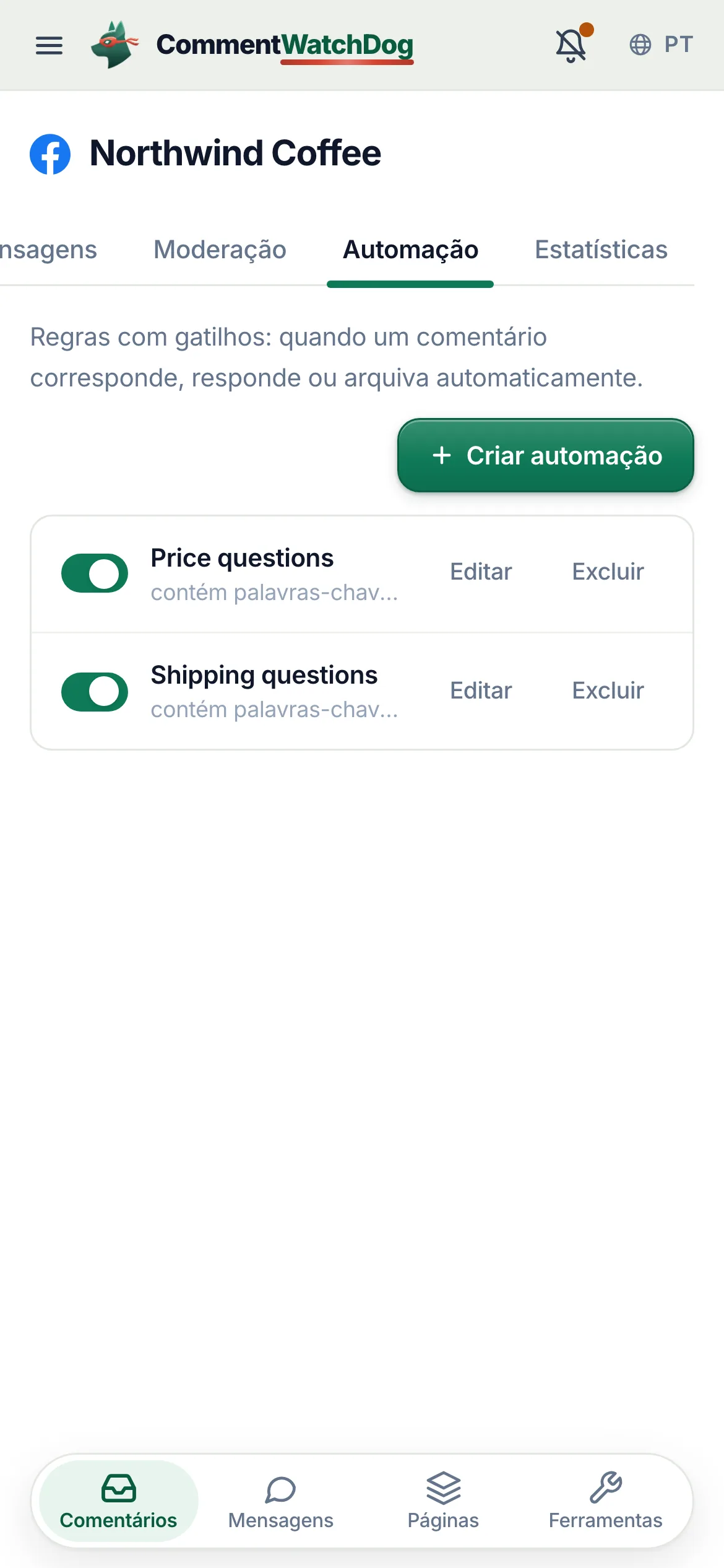 A lista de automações em um celular.