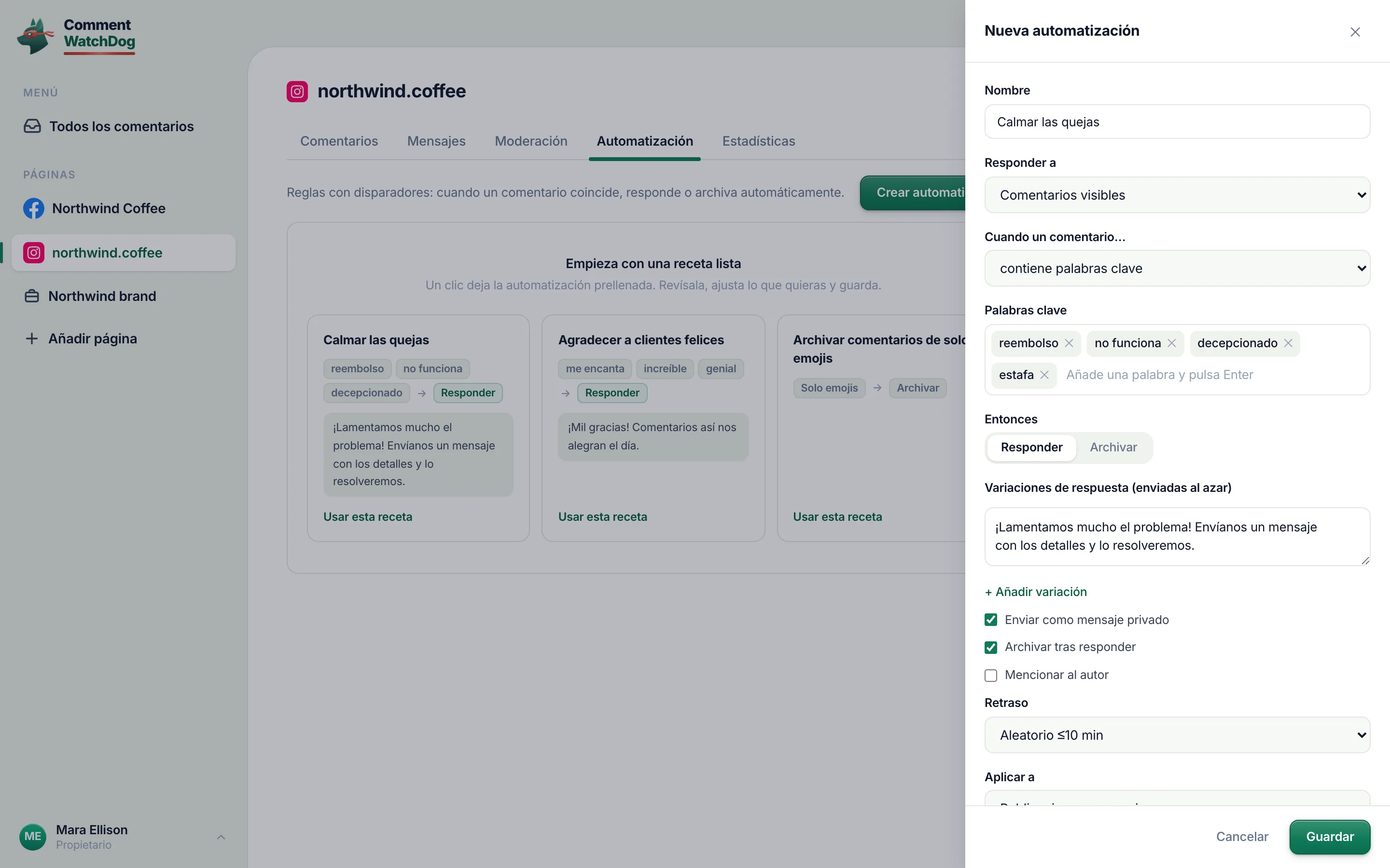 El editor, rellenado: cambia las palabras y después Guardar.