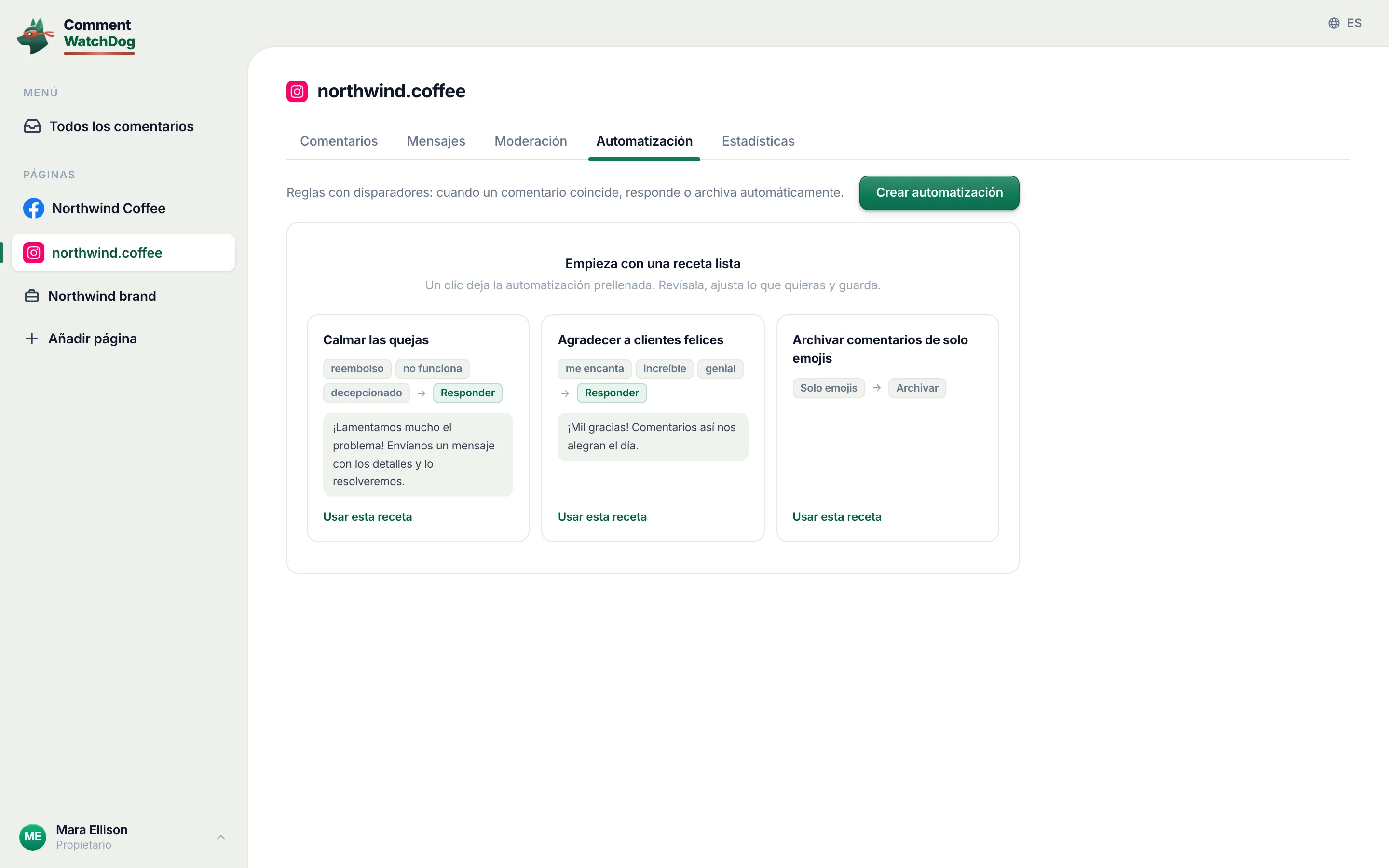 La página de automatizaciones de la cuenta de Instagram con recetas.