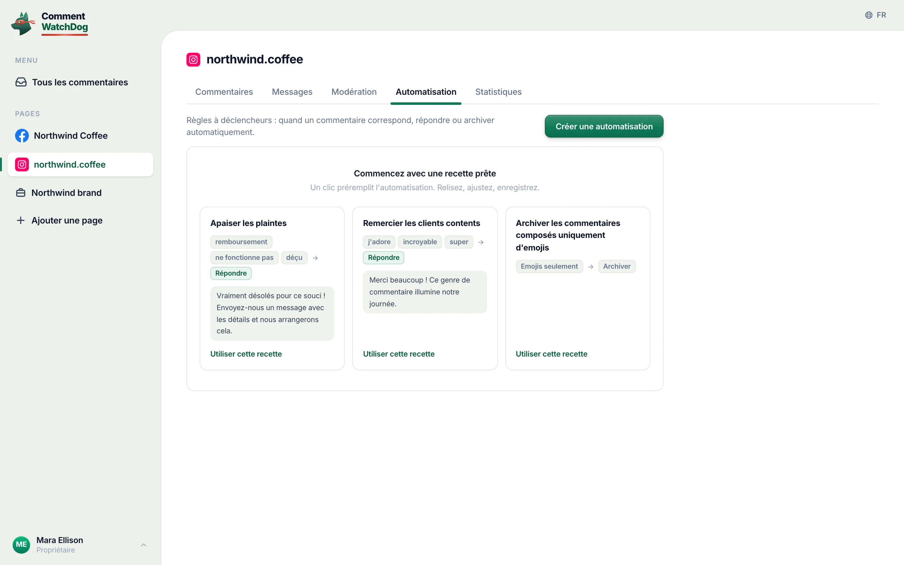 La page des automatisations du compte Instagram avec des recettes.