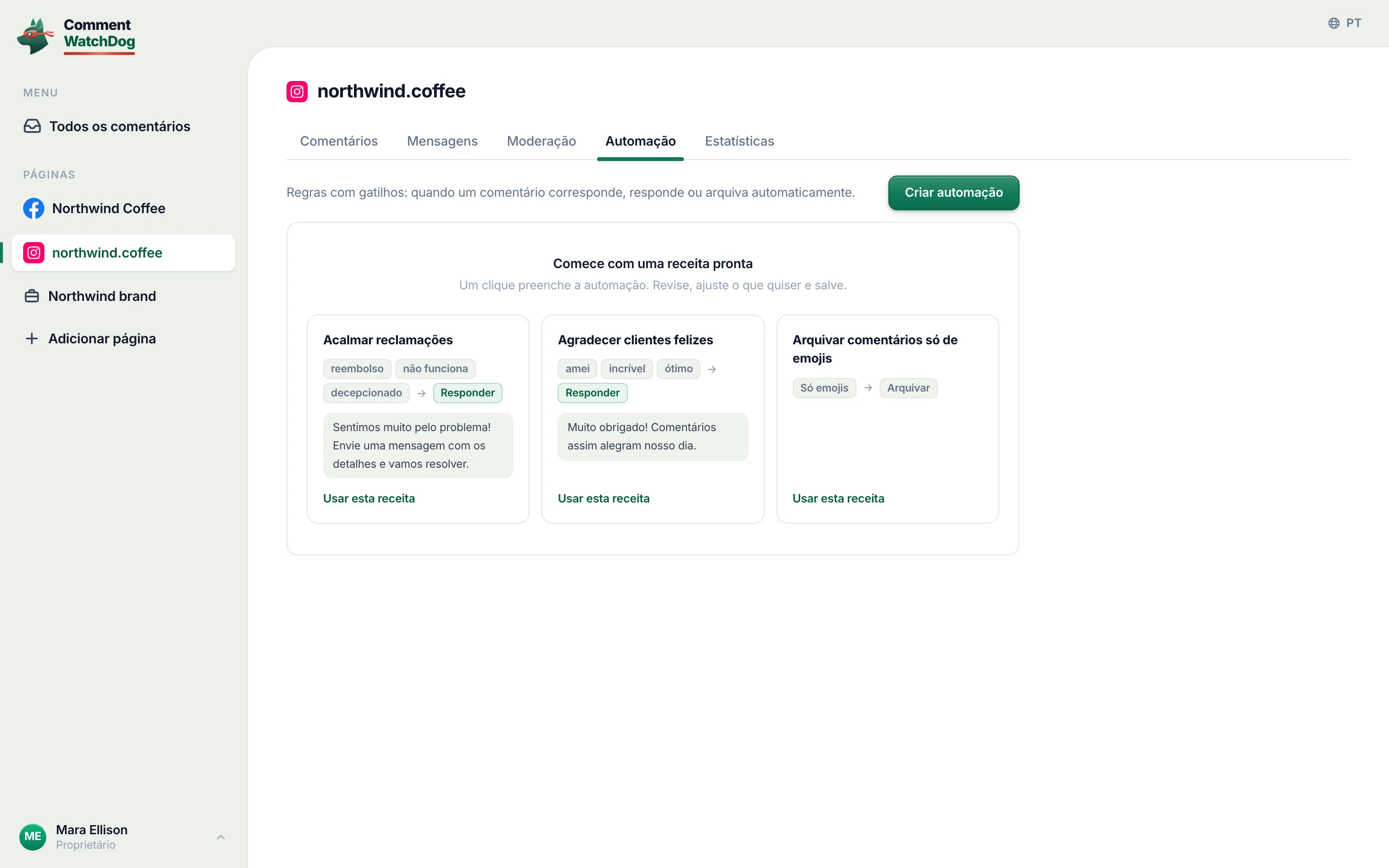 A página de automações da conta do Instagram com receitas.