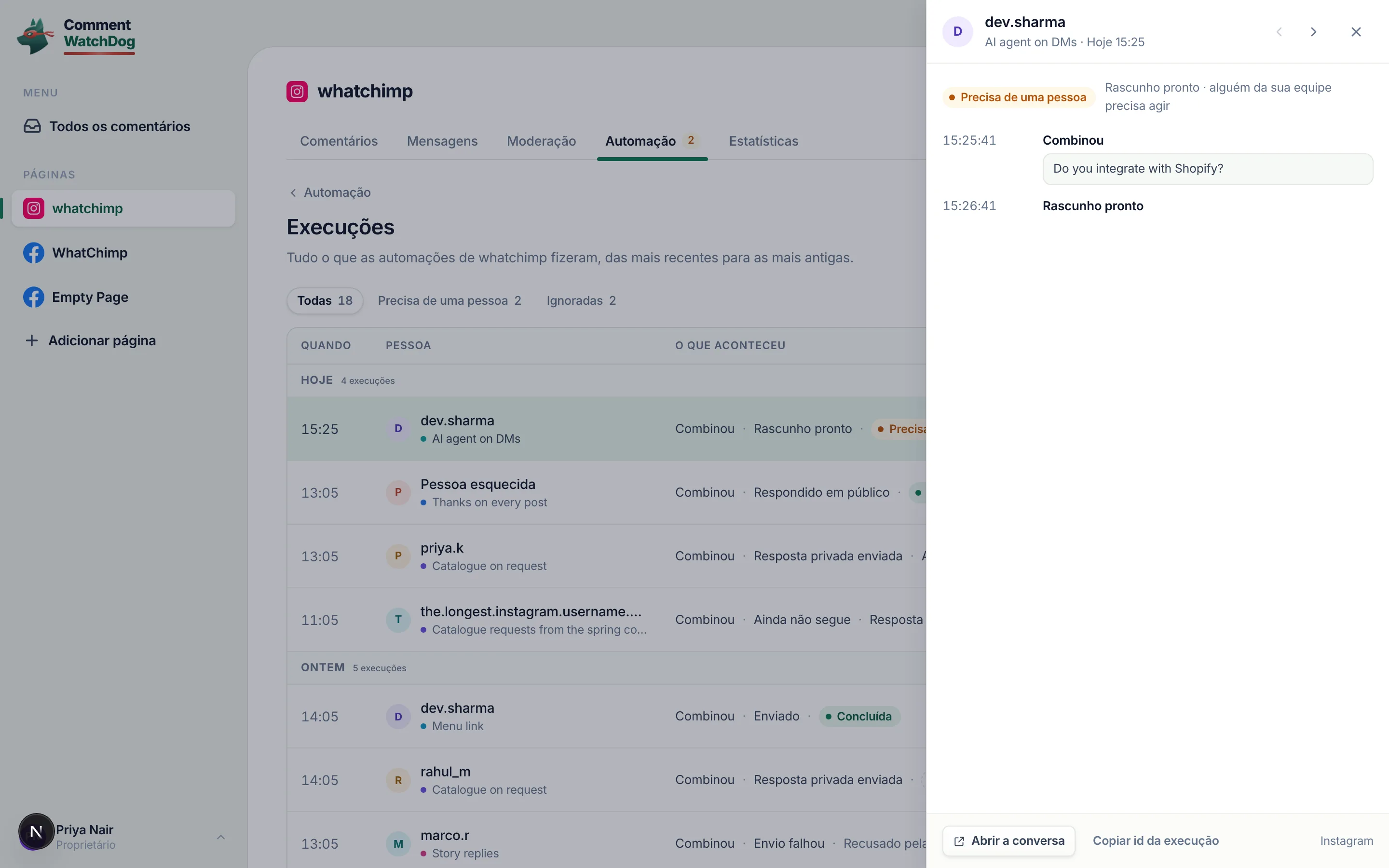 Uma execução aberta: a linha do tempo com as mensagens exatas.