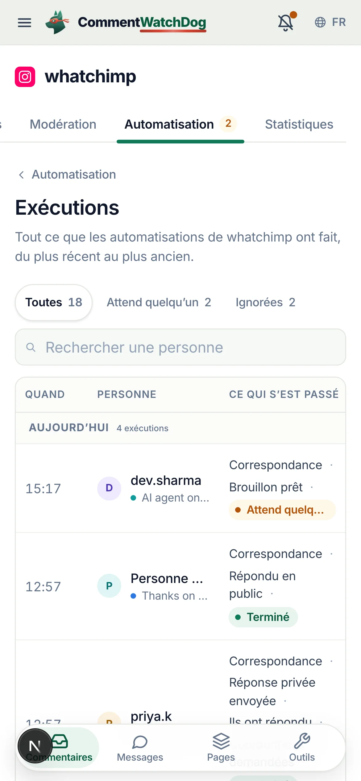 Exécutions sur un téléphone.