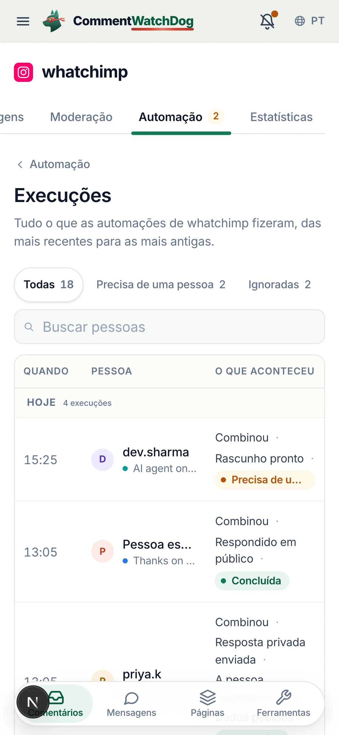 Execuções em um celular.