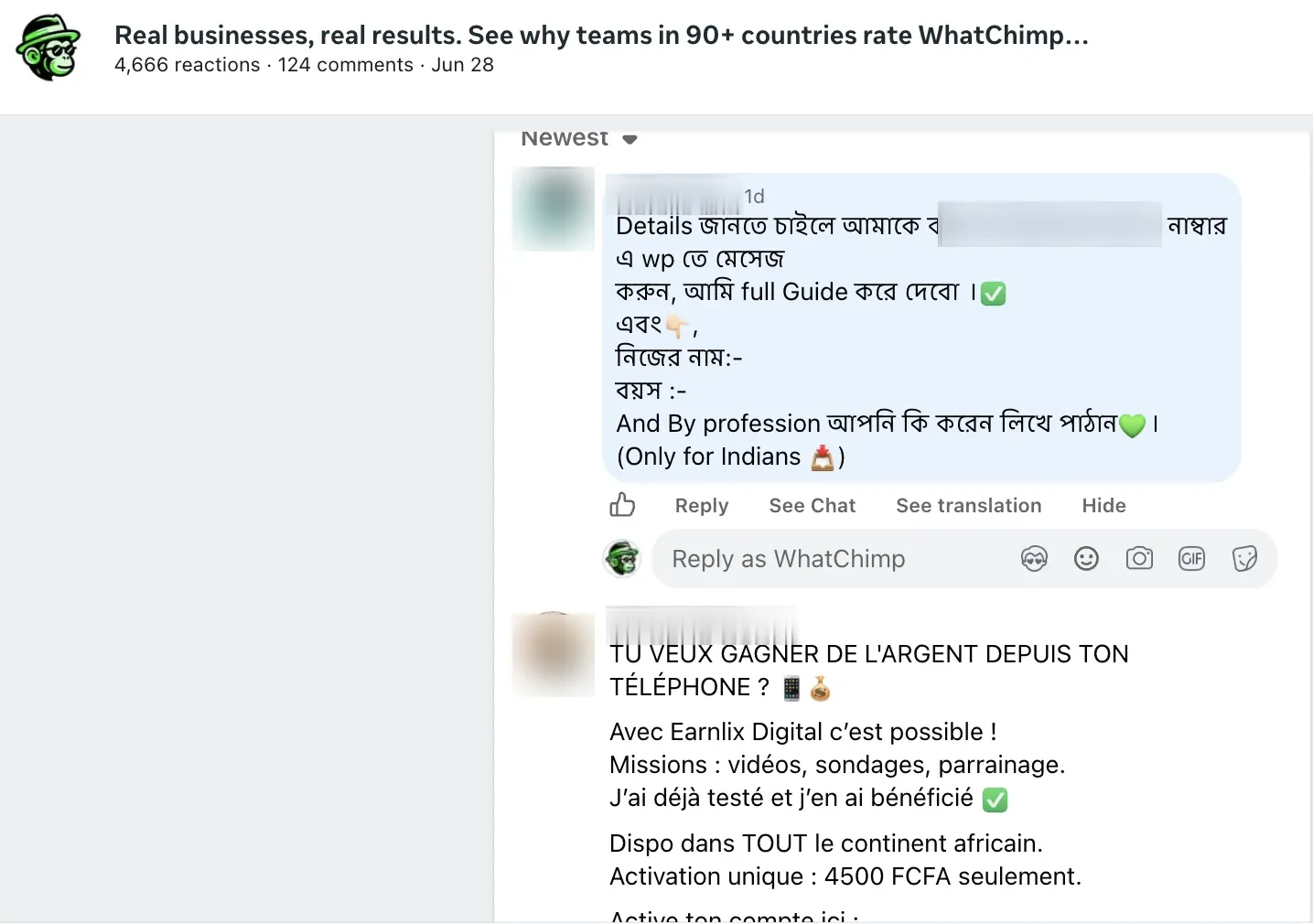 Uno de mis anuncios en la vista de comentarios de Facebook de Meta Business Suite el 8 de septiembre de 2026, los dos comentarios más nuevos un fraude de número de teléfono y un fraude de ganar dinero, nombres y rostros difuminados.