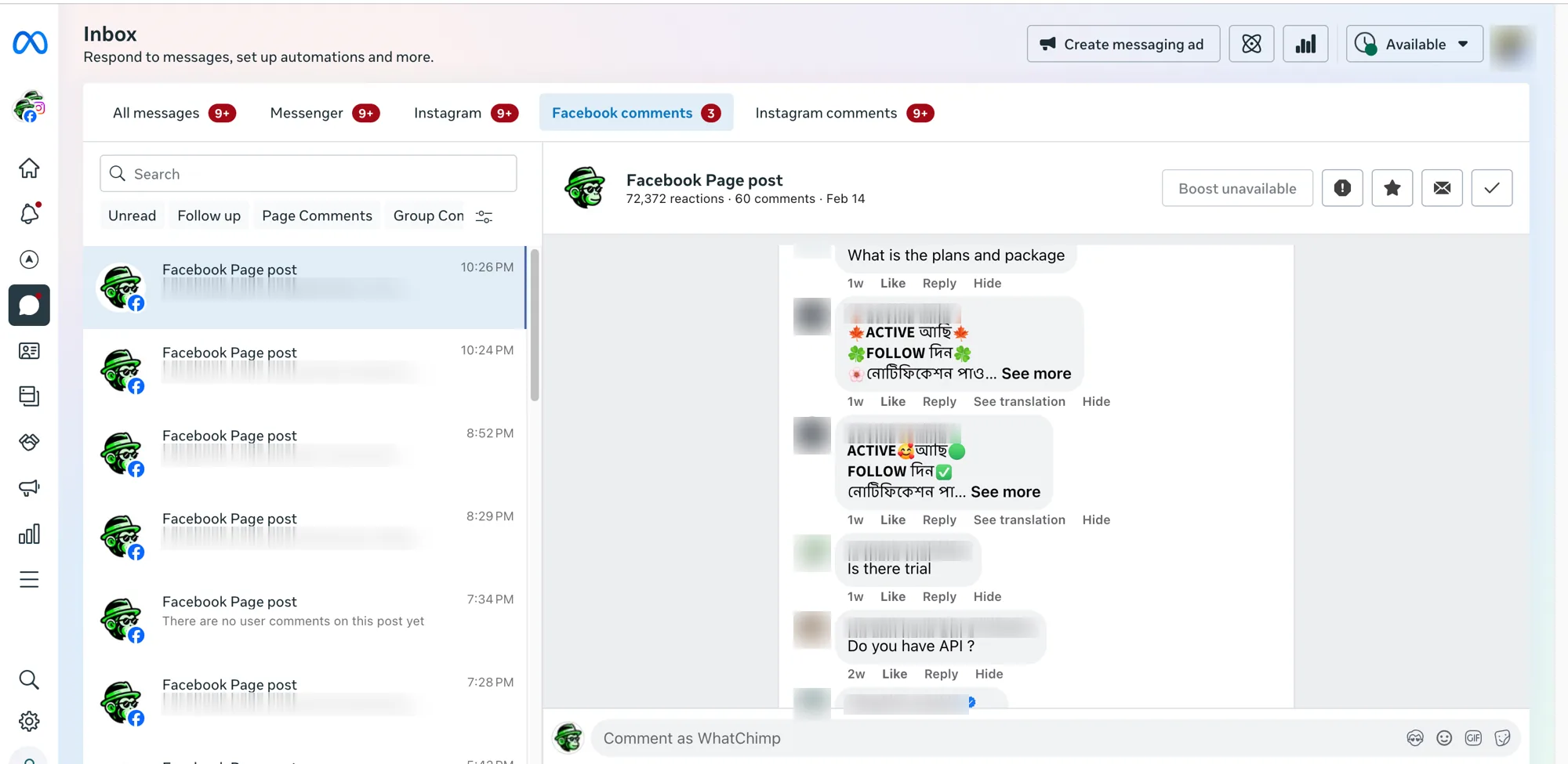 Ma boîte de réception Meta Business Suite le 18 mars 2026, l'onglet des commentaires Facebook ouvert sur une publication WhatChimp avec 60 commentaires, du spam d'appât à suivre en bengali entre de vraies questions, un lien Masquer sous chaque commentaire et rien à sélectionner. Noms, visages et liste de gauche sont floutés.