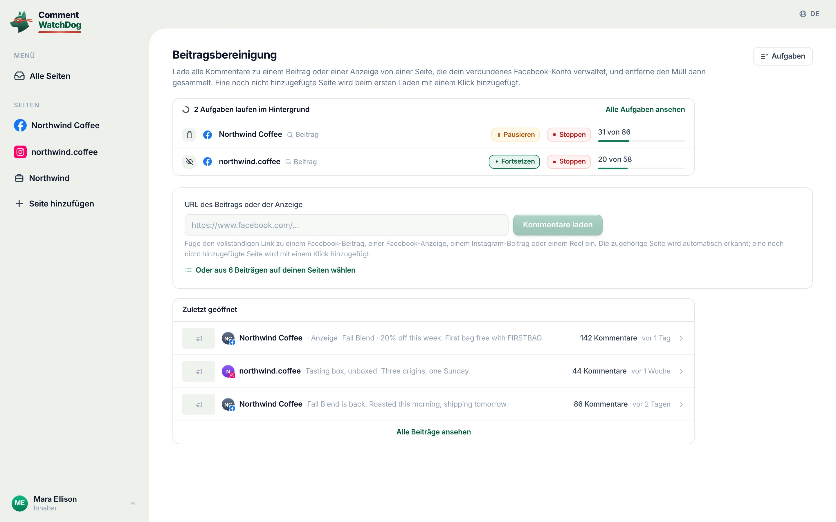 Die Beitragsbereinigung mit einer Karte für laufende Aufgaben.