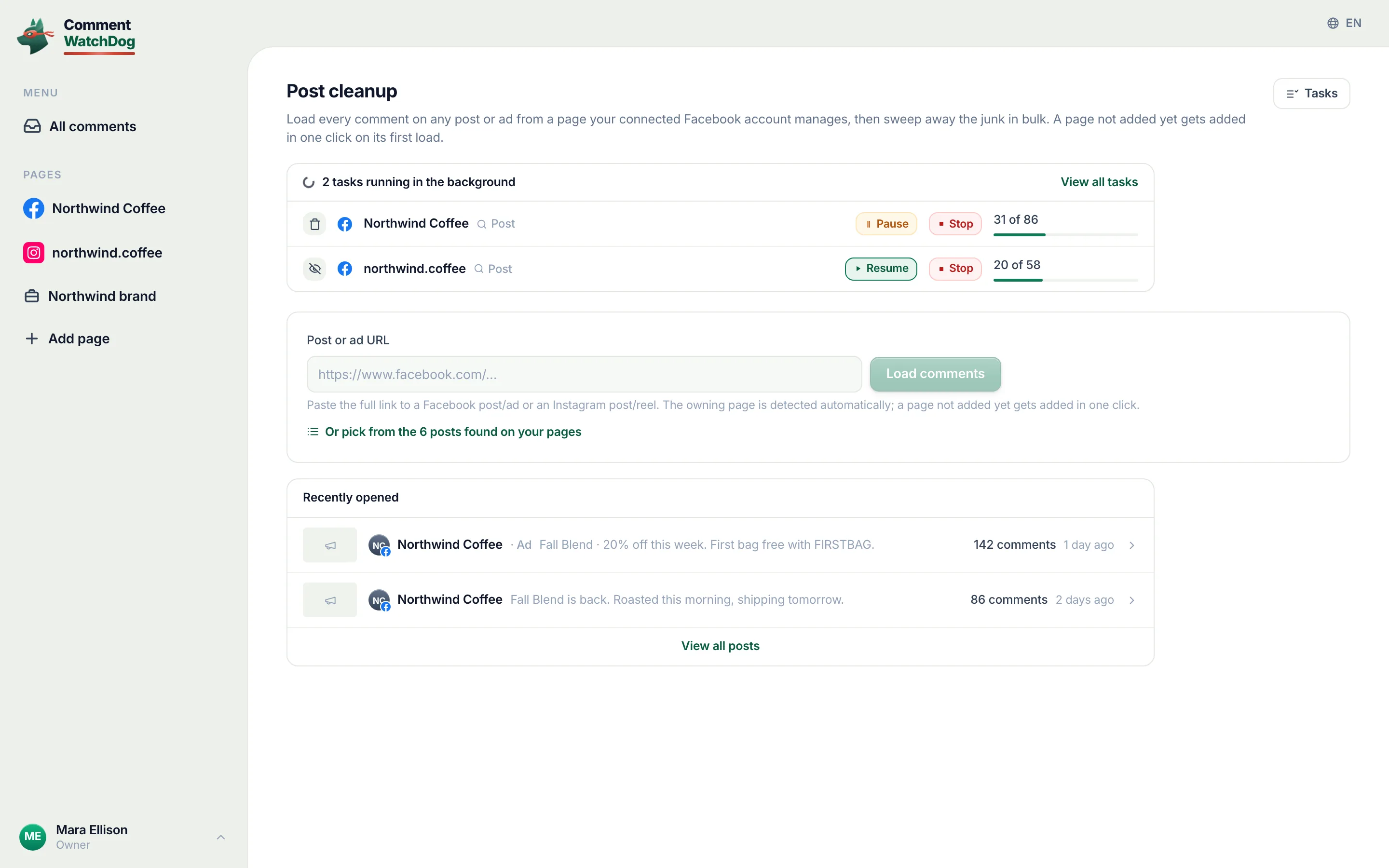 The cleanup tool with a running-tasks card.