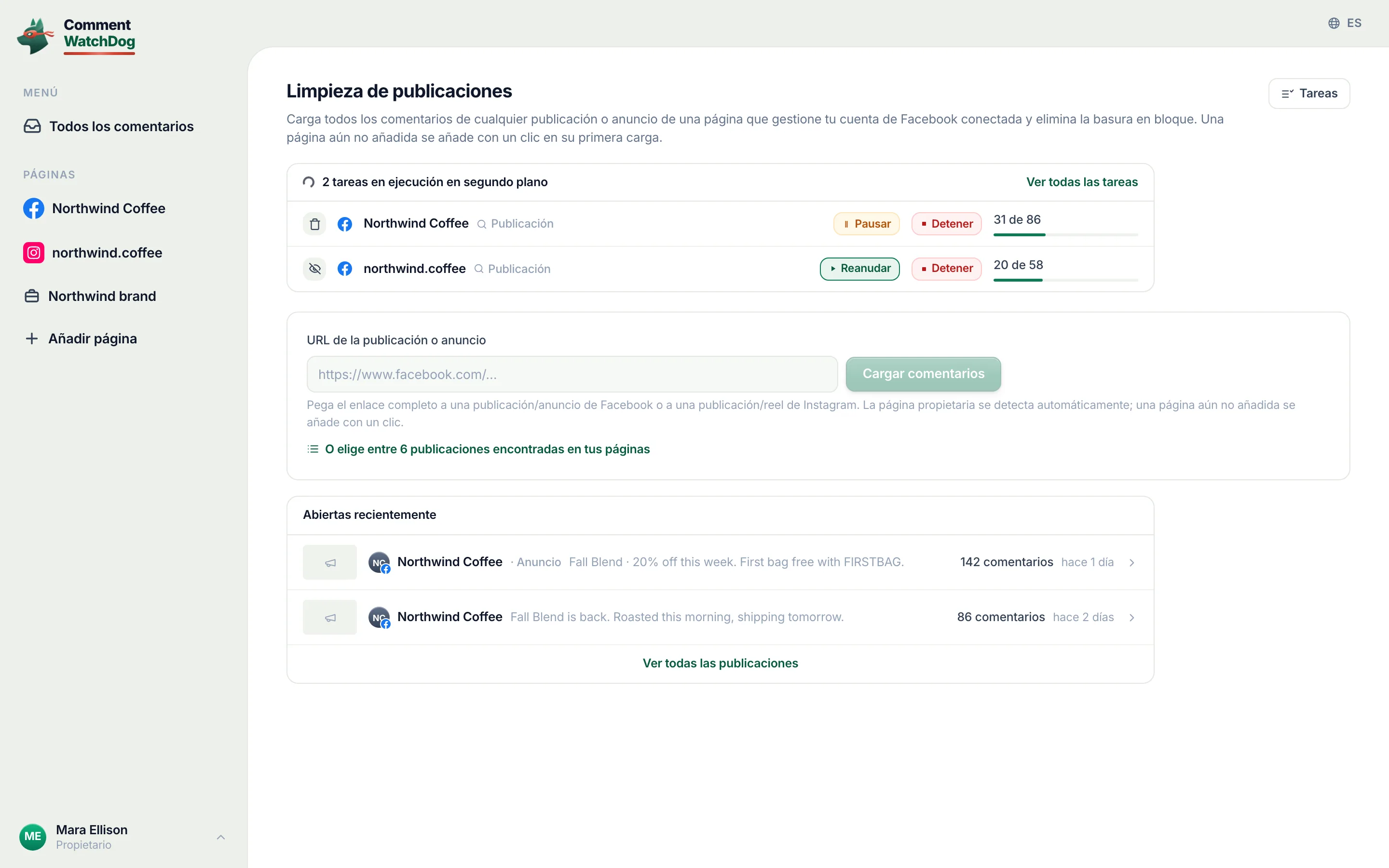 La herramienta de limpieza con una tarjeta de tareas en ejecución.