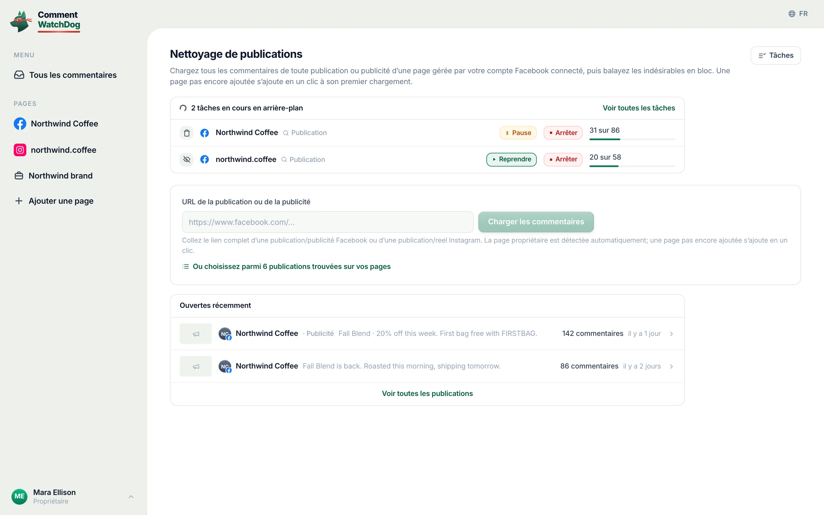 L'outil de nettoyage avec une carte des tâches en cours.
