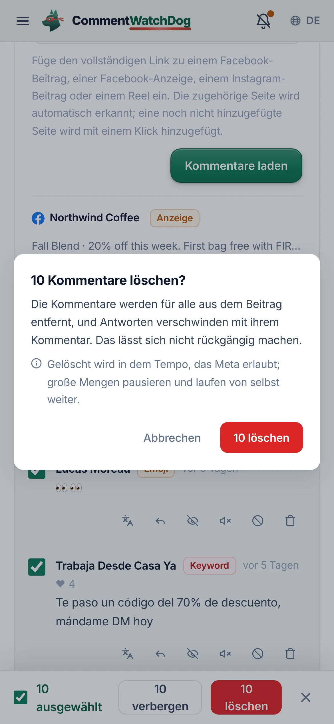 Die Beitragsbereinigung mit einem geladenen Beitrag: Zehn auffällige Kommentare sind ausgewählt, und Löschen fragt einmal nach, bevor es läuft.