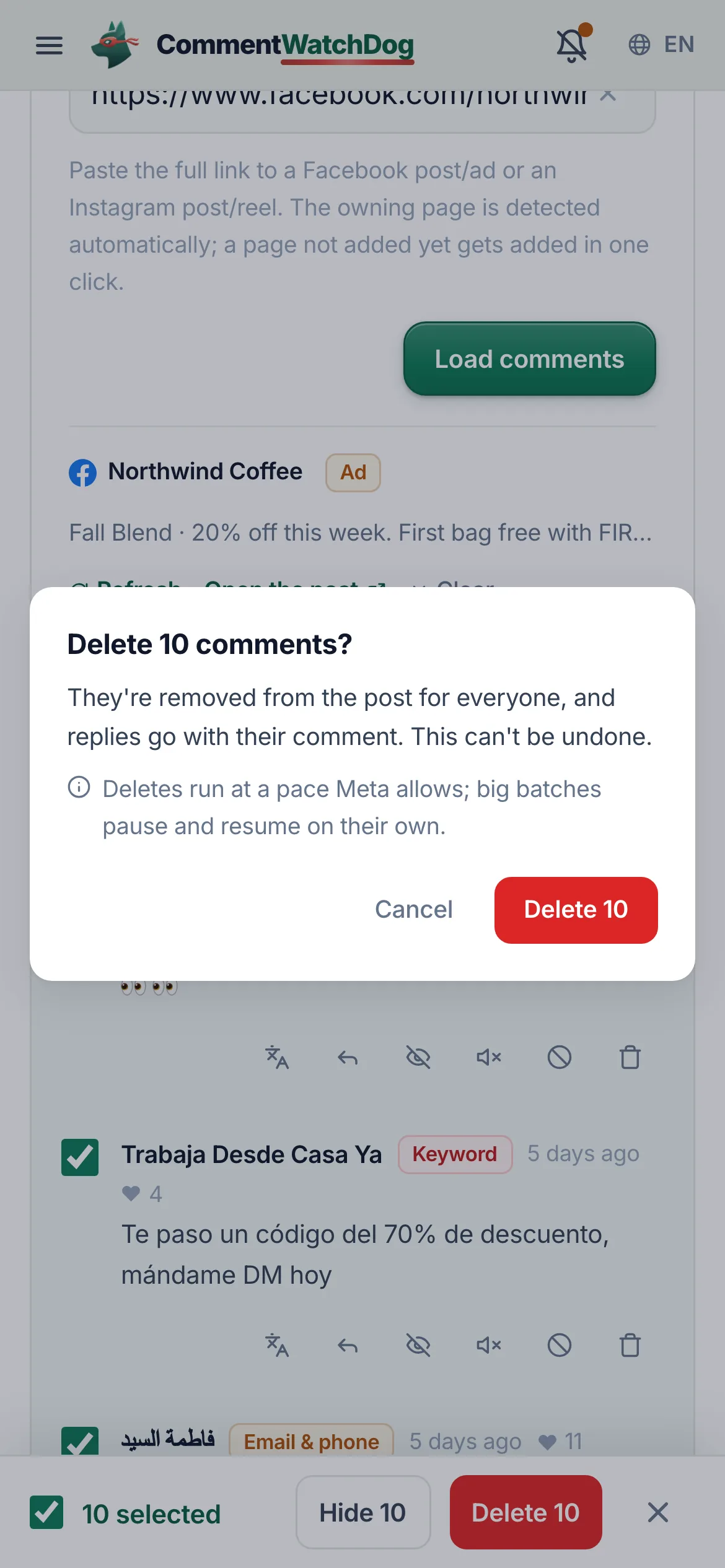 Select and confirm. Select all, or tick by hand. Delete or Hide, with the note that big batches pause and resume at Meta's pace.