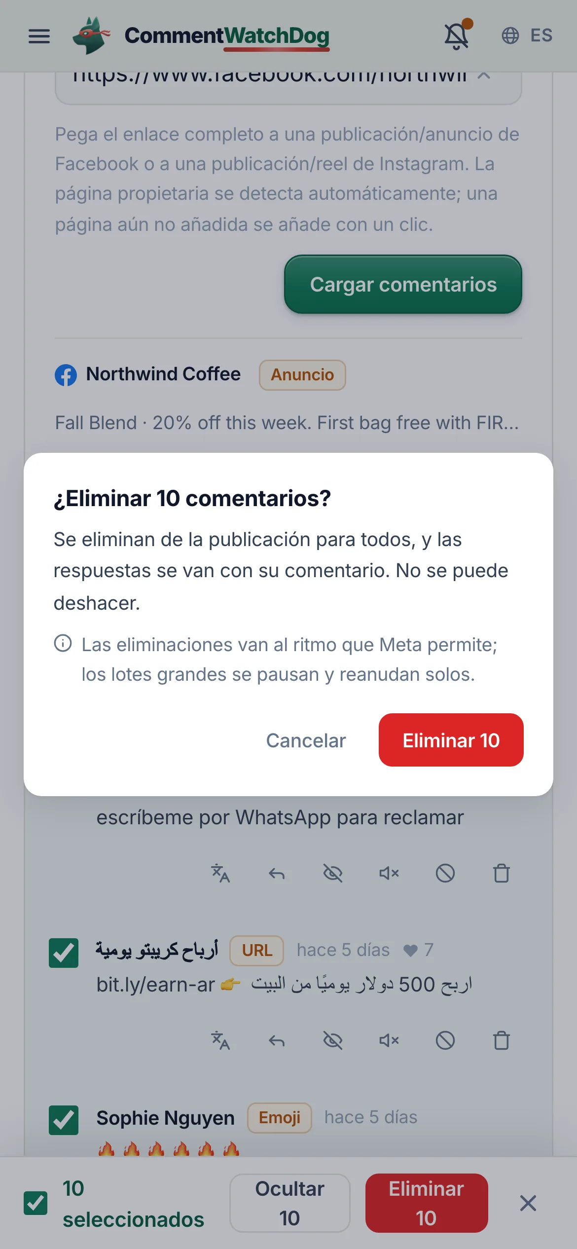 Selecciona y confirma. Seleccionar todo o marcar a mano. Eliminar u Ocultar, con la nota de que los lotes grandes se pausan y reanudan al ritmo de Meta.