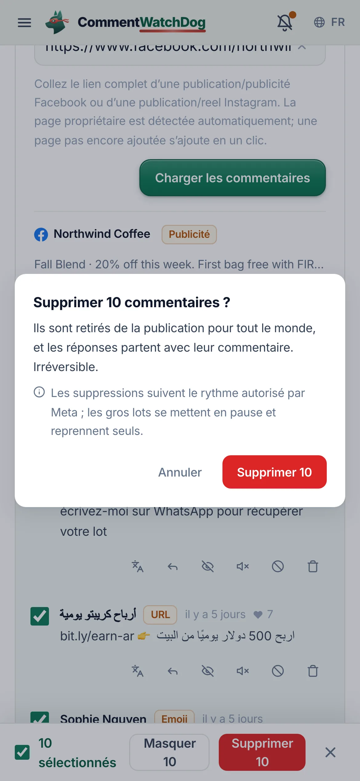 Sélectionnez et confirmez. Tout sélectionner, ou cochez à la main. Supprimer ou Masquer, avec la précision que les gros lots font des pauses et reprennent au rythme de Meta.