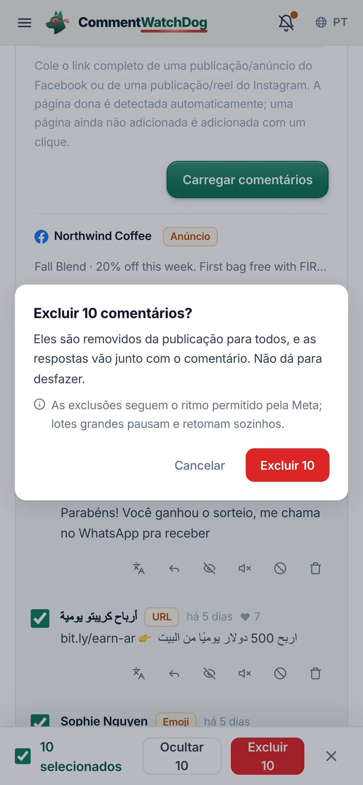 Selecione e confirme. Selecionar tudo ou marque manualmente. Excluir ou Ocultar, com a observação de que lotes grandes pausam e retomam no ritmo da Meta.