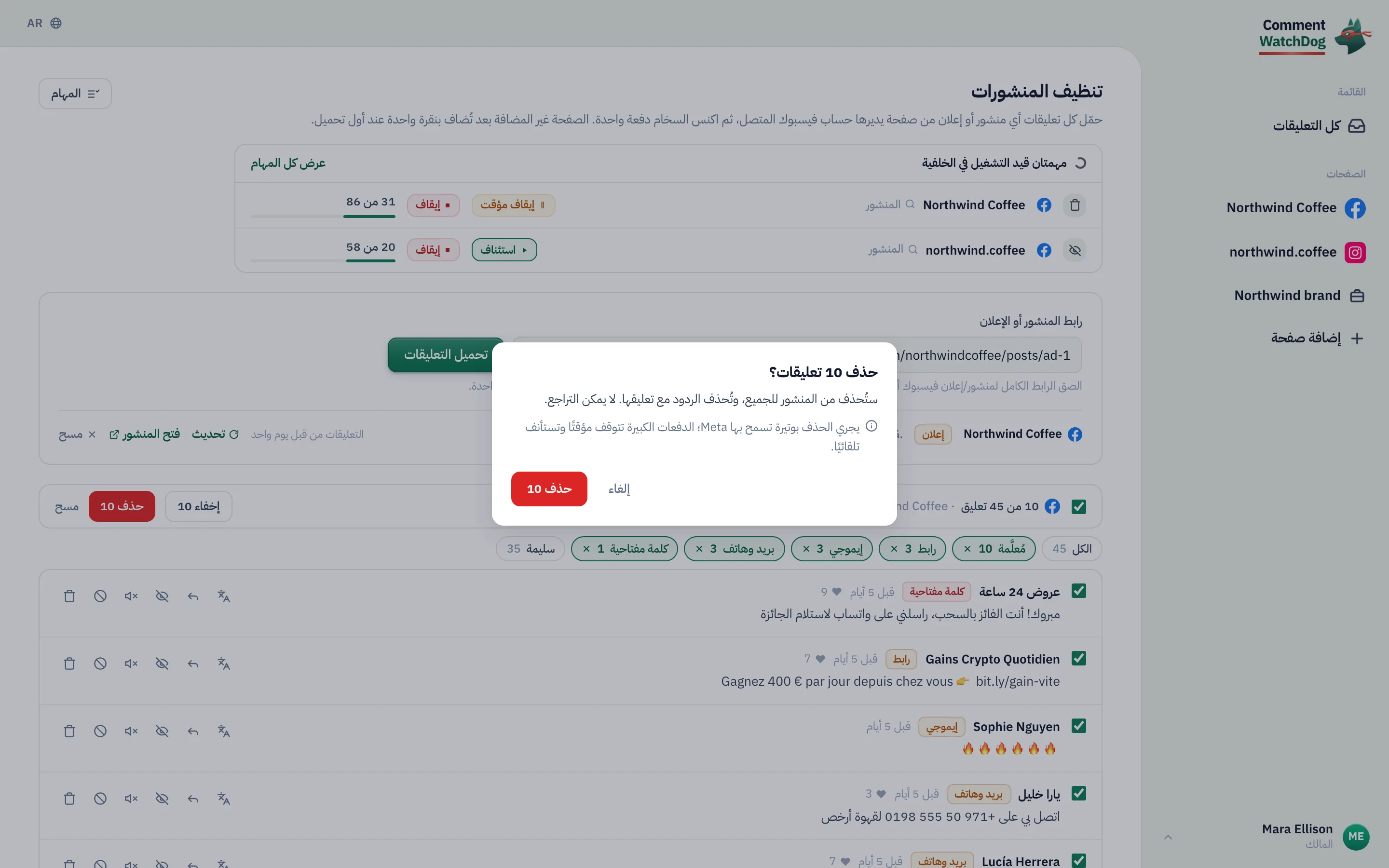 تأكيد الحذف فوق عشرة تعليقات محددة.