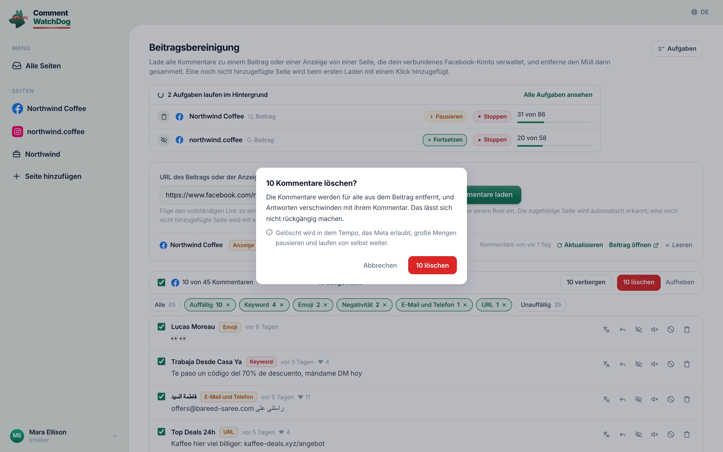 Die Beitragsbereinigung mit einem geladenen Beitrag: Zehn auffällige Kommentare sind ausgewählt, und Löschen fragt einmal nach, bevor es läuft.