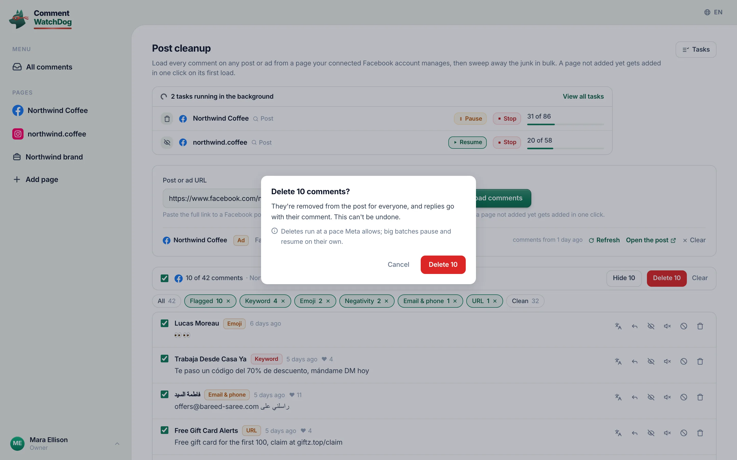The delete confirmation over ten selected comments.