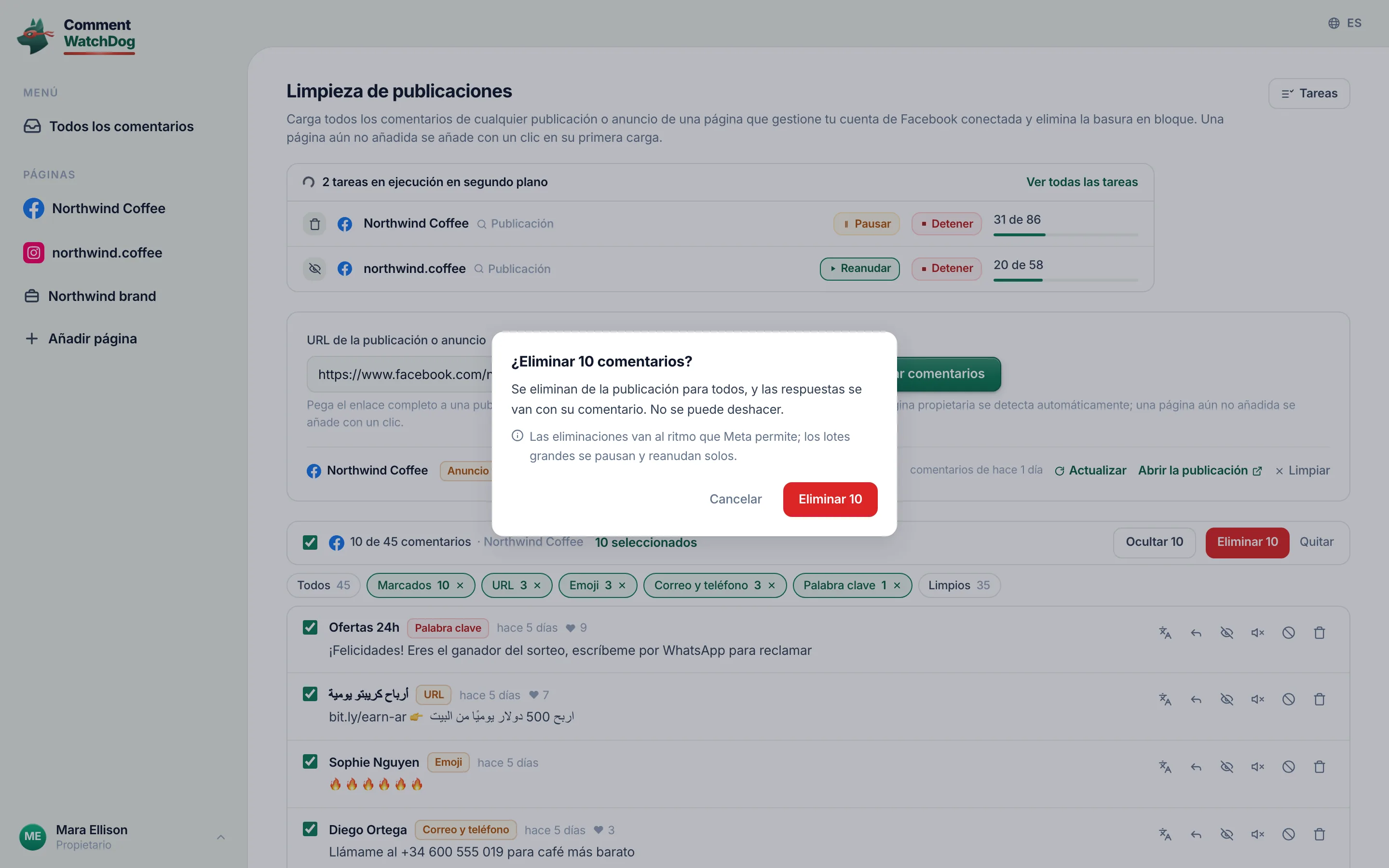 La confirmación de eliminación sobre diez comentarios seleccionados.