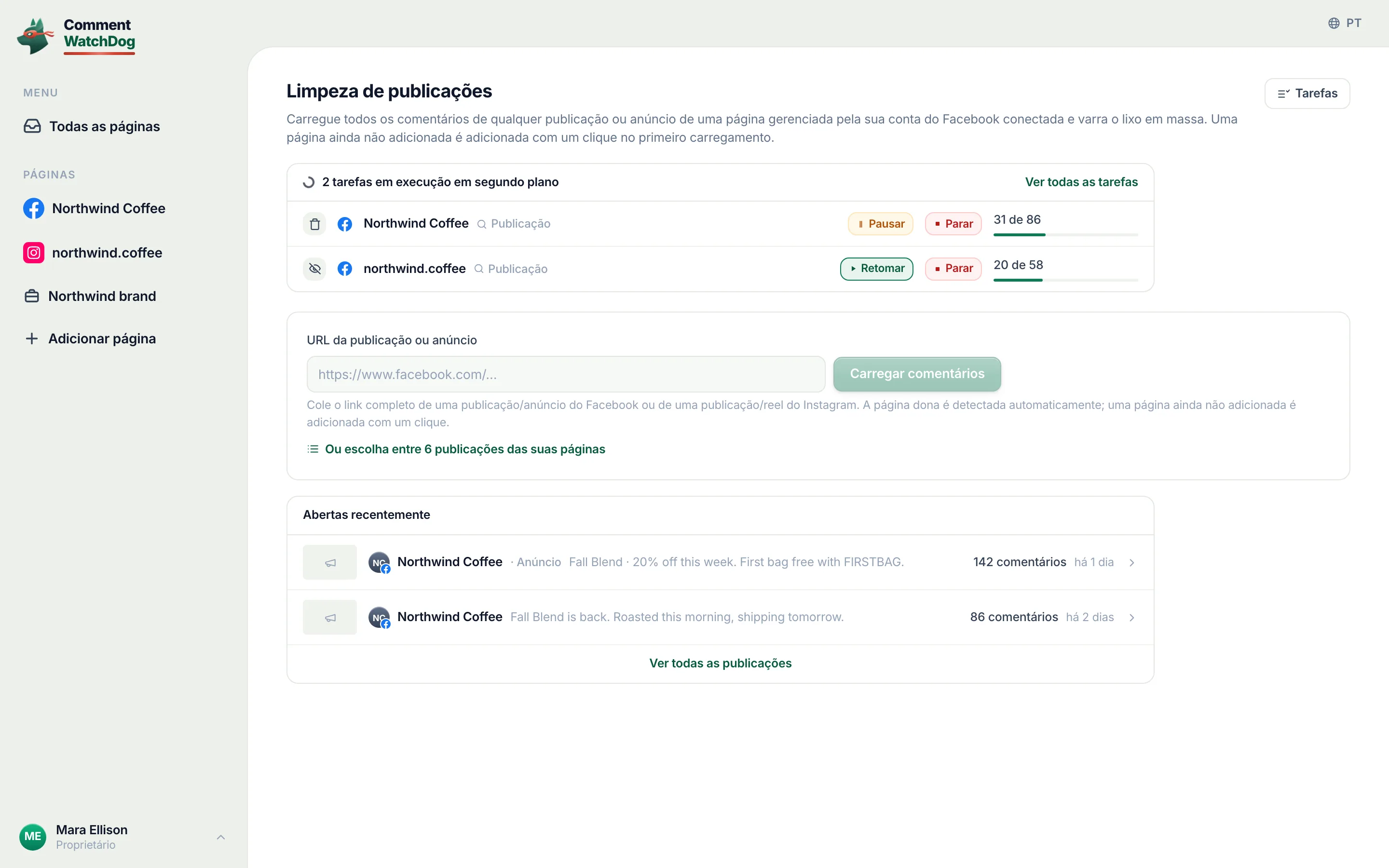 A caixa de URL da publicação ou anúncio.