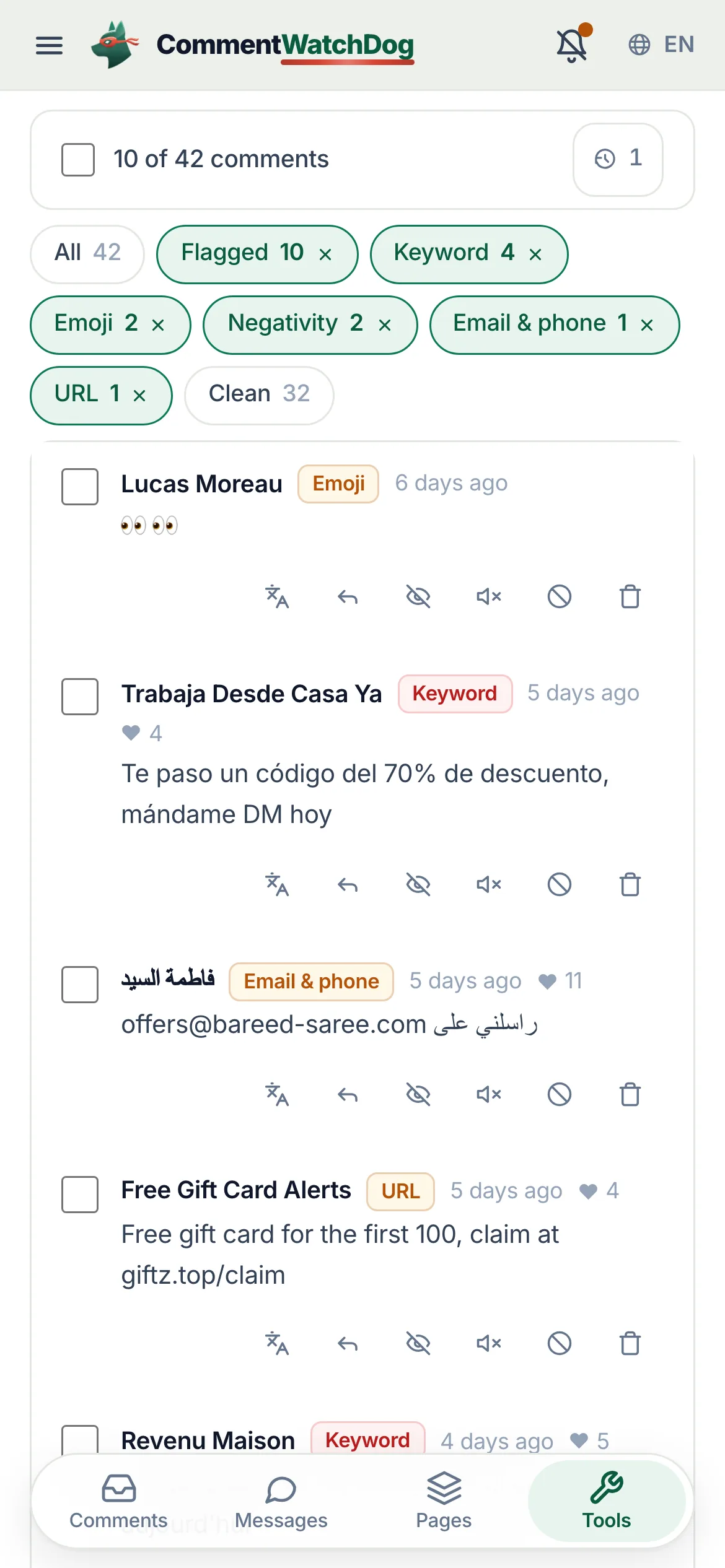 Filter to what matters. All, Flagged, Clean, Your replies, or one label. The flagged ones are the sweep.