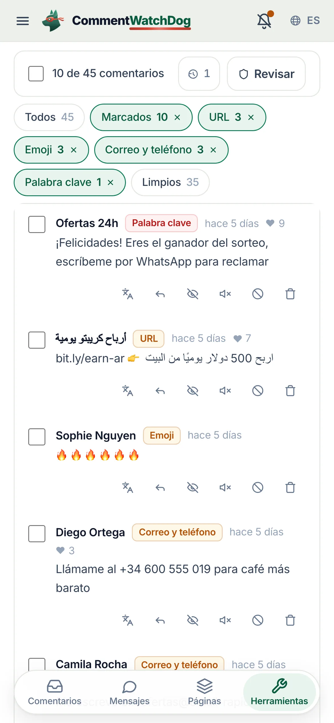 Filtra lo que importa. Todos, Marcados, Limpios, Tus respuestas o una etiqueta. Los marcados conforman el barrido.
