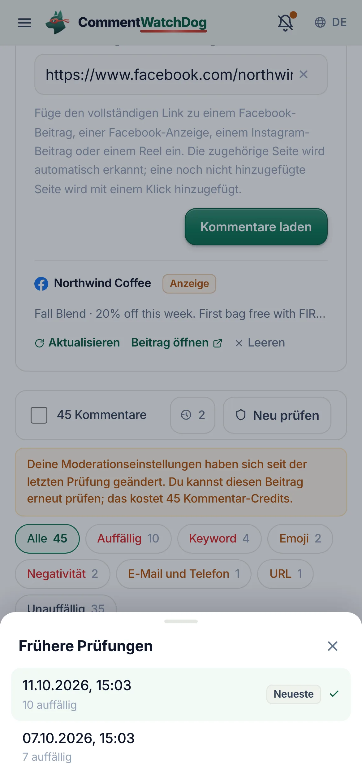 „Frühere Prüfungen“ auf dem Handy.