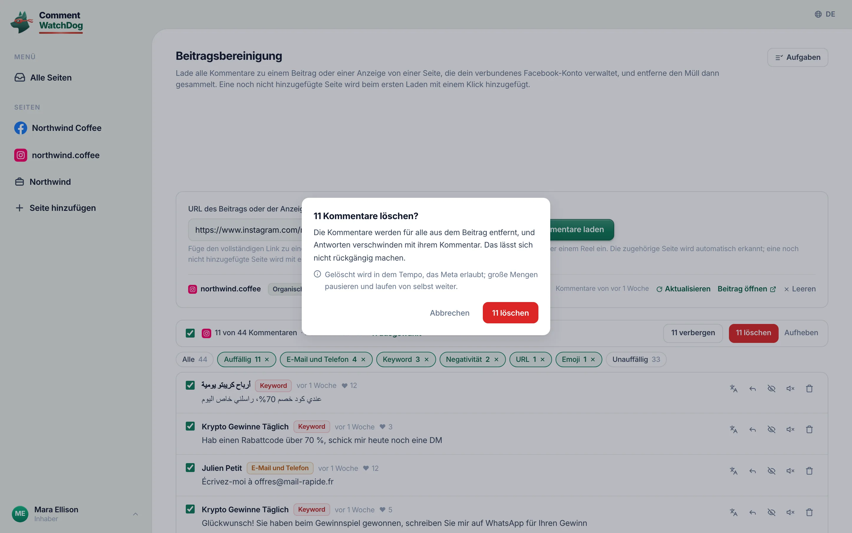 Die Bestätigung zum Löschen über der Auswahl des Reels.