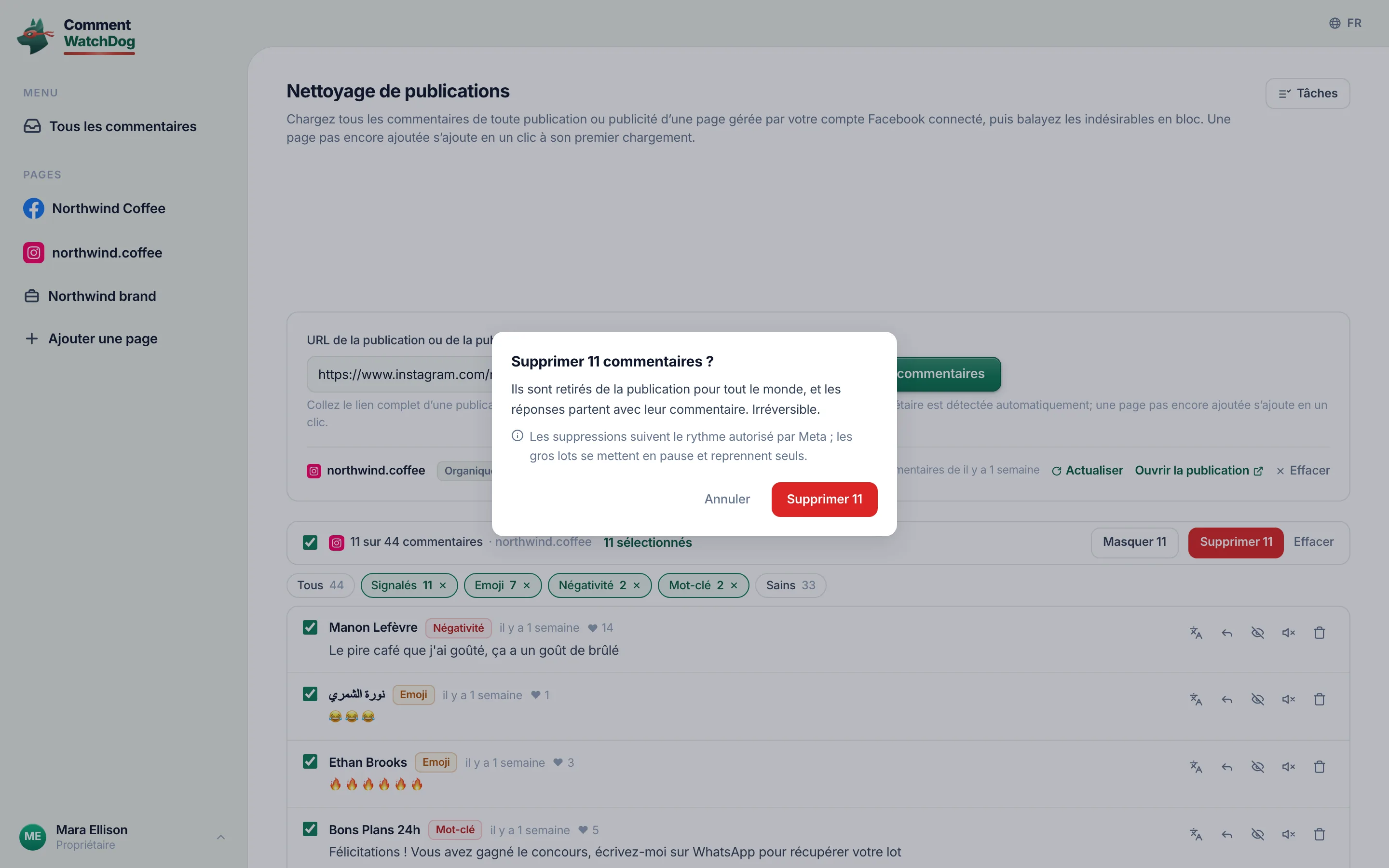 La confirmation de suppression sur la sélection du reel.