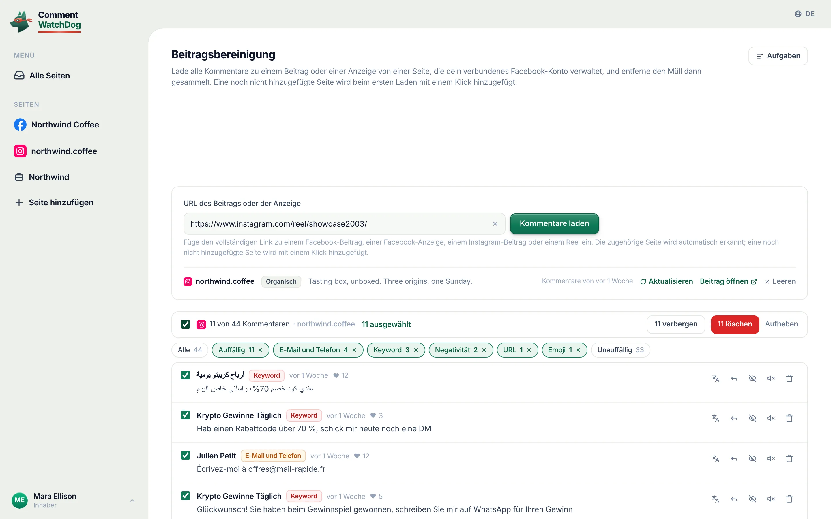 Die Kommentare des Reels sind ausgewählt, „Verbergen“ und „Löschen“ sind zu sehen.