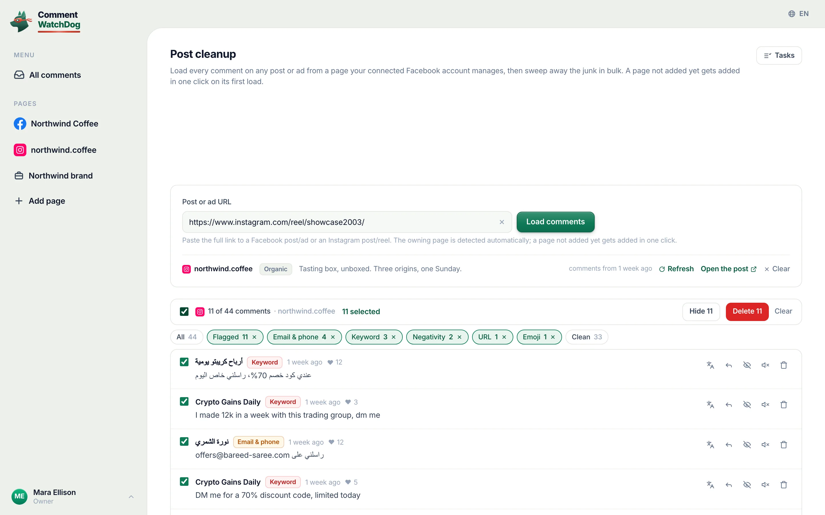 Every flagged comment on the reel selected, with Hide and Delete showing.