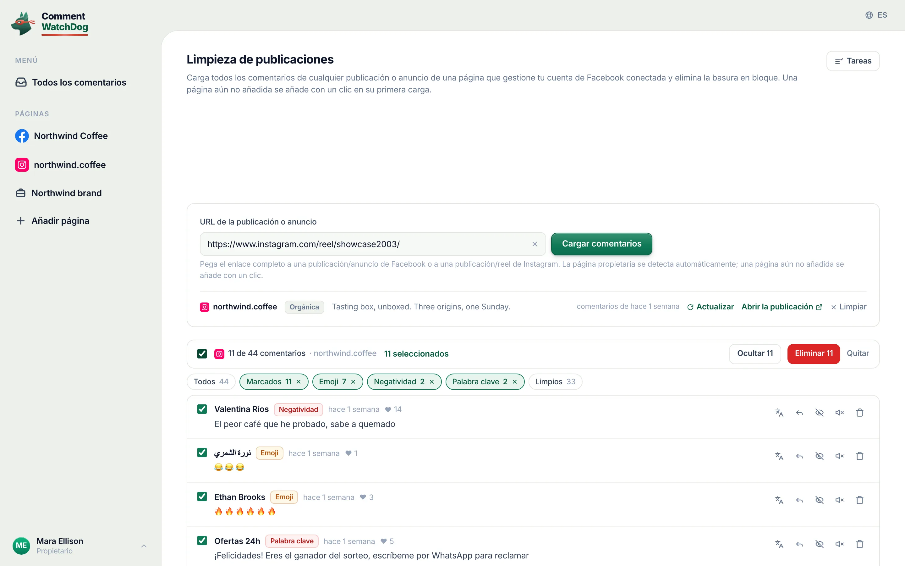 Cada comentario marcado en el reel seleccionado, con Ocultar y Eliminar mostrando.